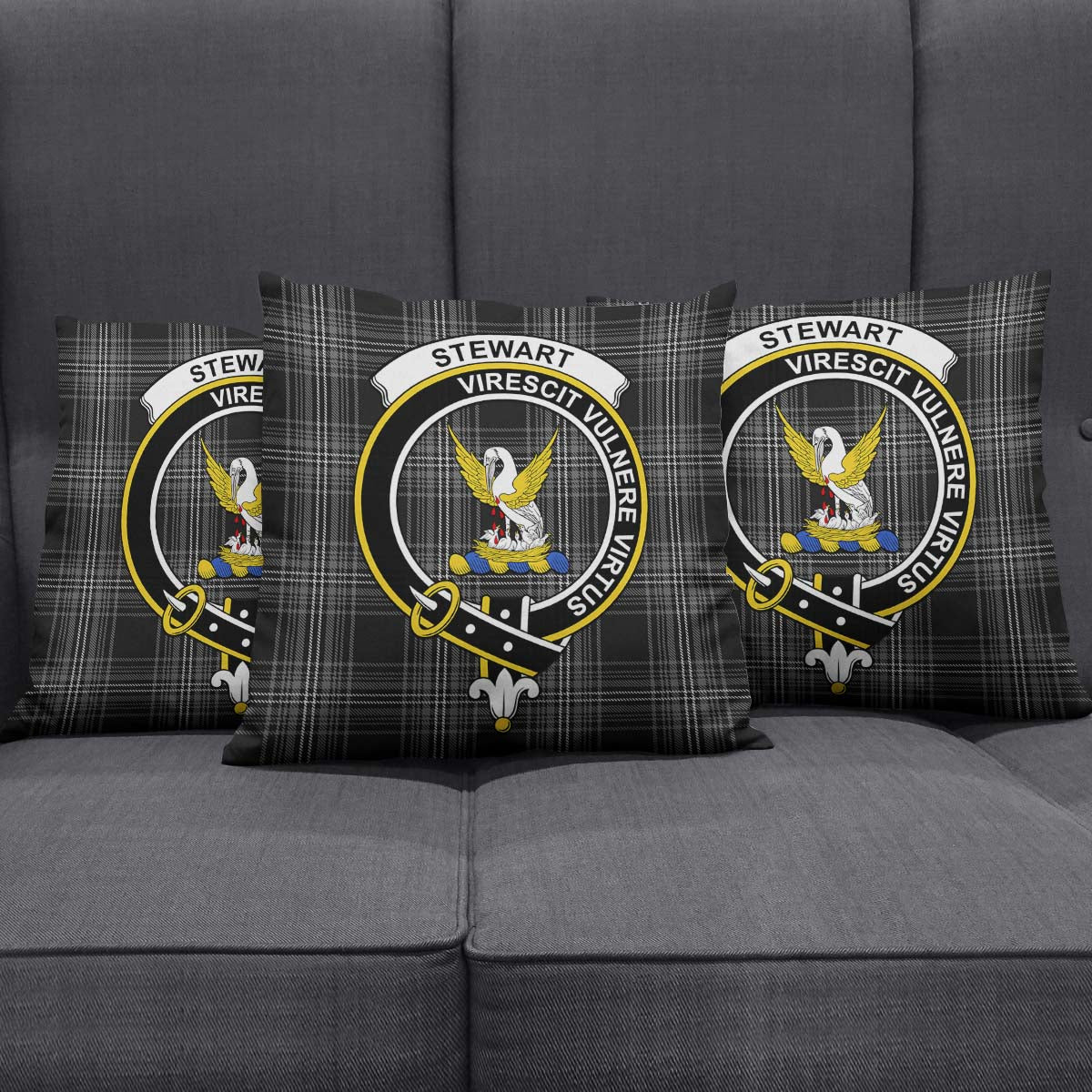 Stewart Mourning Tartan Pillow Cover with Family Crest Square Pillow Cover - Tartanvibesclothing