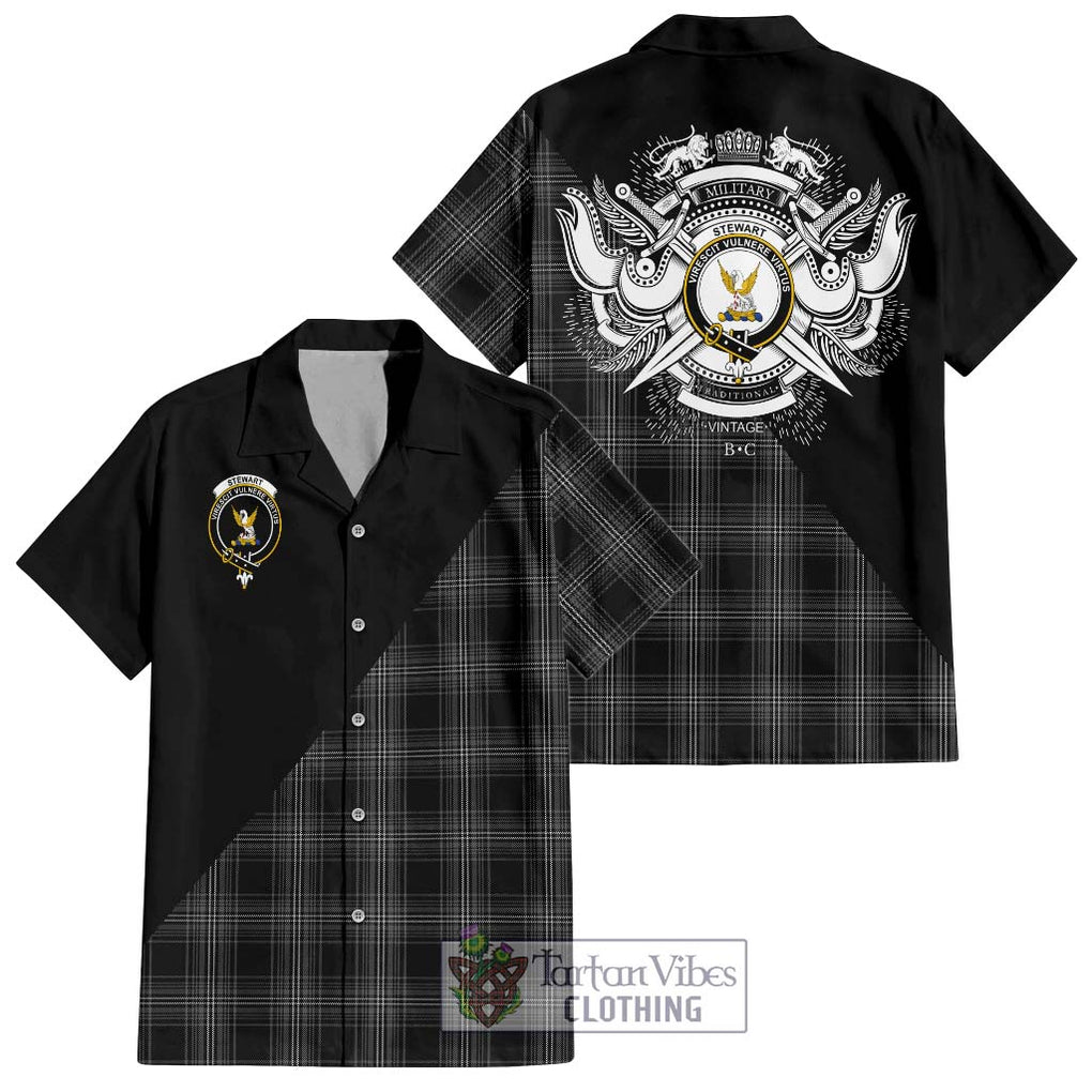 Stewart Mourning Tartan Short Sleeve Button Shirt with Family Crest and Military Logo Style Kid - Tartanvibesclothing Shop