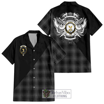 Stewart Mourning Tartan Short Sleeve Button Shirt with Family Crest and Military Logo Style