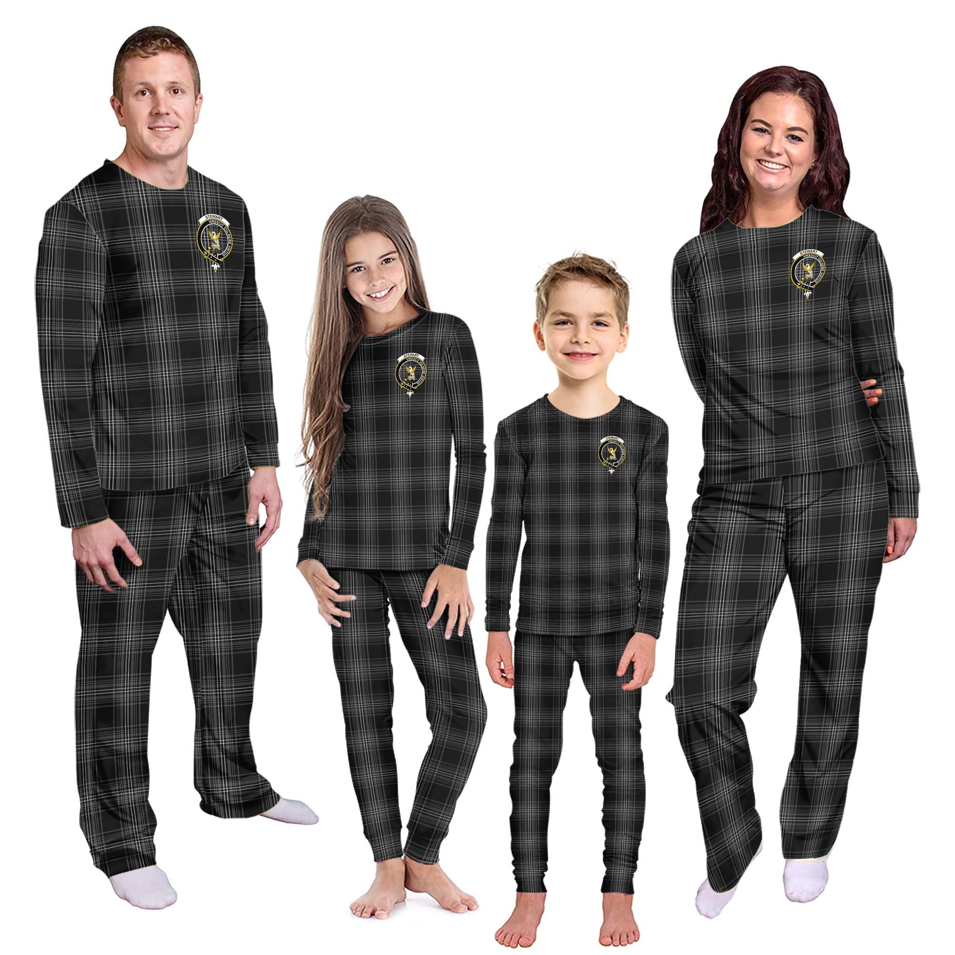 Stewart Mourning Tartan Pajamas Family Set with Family Crest - Tartanvibesclothing