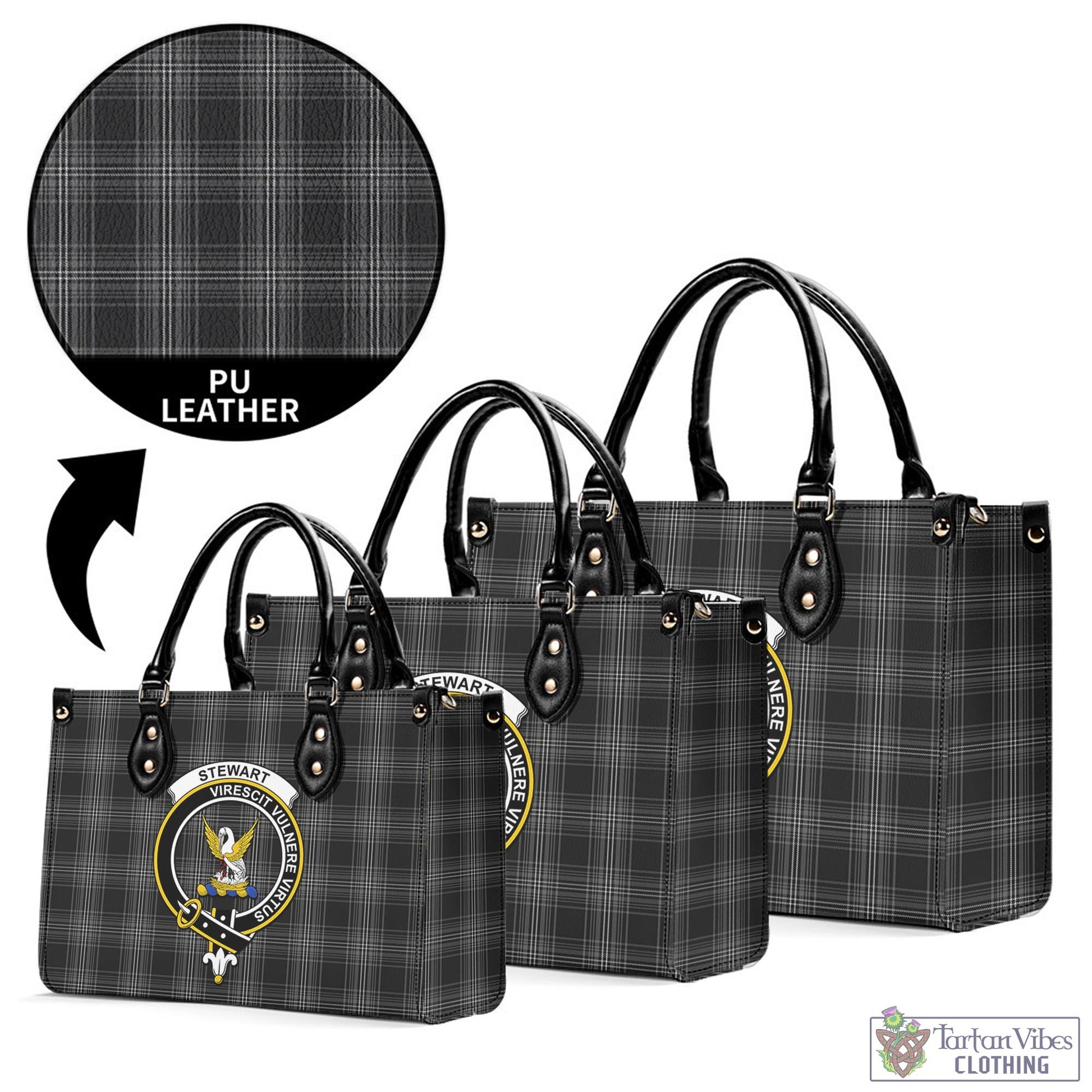 Tartan Vibes Clothing Stewart Mourning Tartan Luxury Leather Handbags with Family Crest