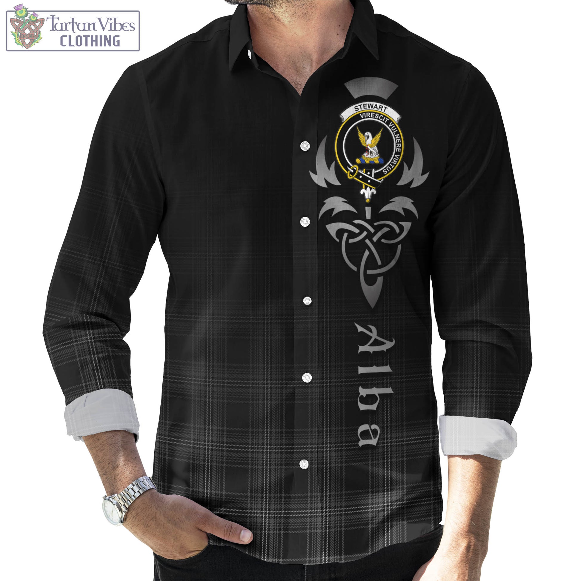 Tartan Vibes Clothing Stewart Mourning Tartan Long Sleeve Button Up Featuring Alba Gu Brath Family Crest Celtic Inspired