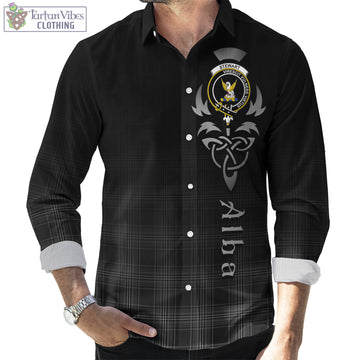 Stewart Mourning Tartan Long Sleeve Button Up Featuring Alba Gu Brath Family Crest Celtic Inspired