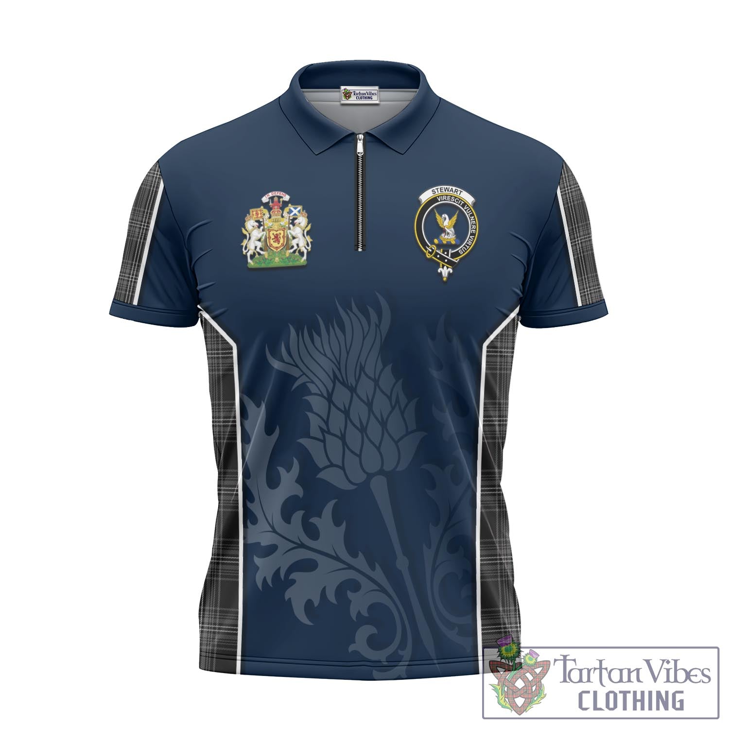 Tartan Vibes Clothing Stewart Mourning Tartan Zipper Polo Shirt with Family Crest and Scottish Thistle Vibes Sport Style