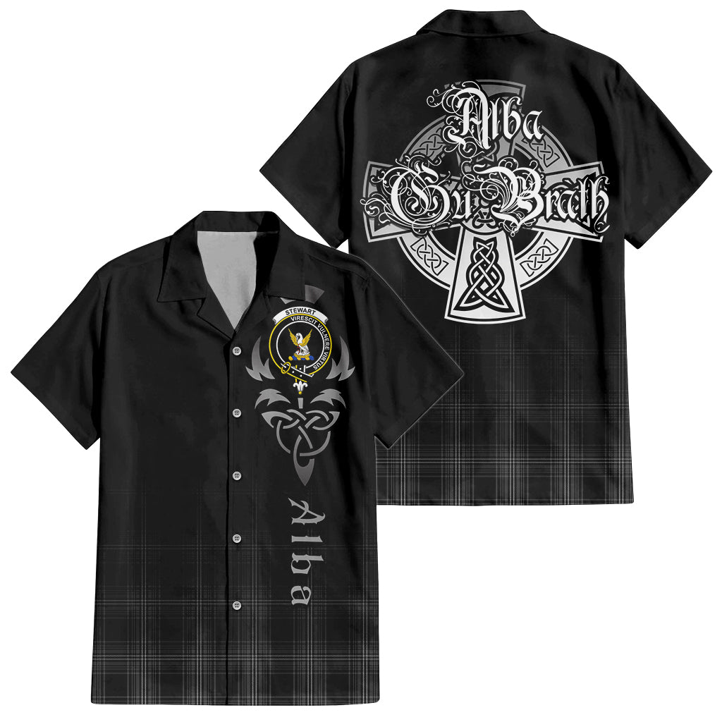 Tartan Vibes Clothing Stewart Mourning Tartan Short Sleeve Button Up Featuring Alba Gu Brath Family Crest Celtic Inspired