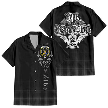 Stewart Mourning Tartan Short Sleeve Button Up Shirt Featuring Alba Gu Brath Family Crest Celtic Inspired