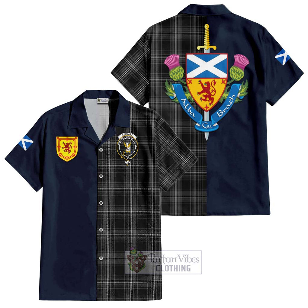 Tartan Vibes Clothing Stewart Mourning Tartan Short Sleeve Button Shirt with Scottish Lion Royal Arm Half Style