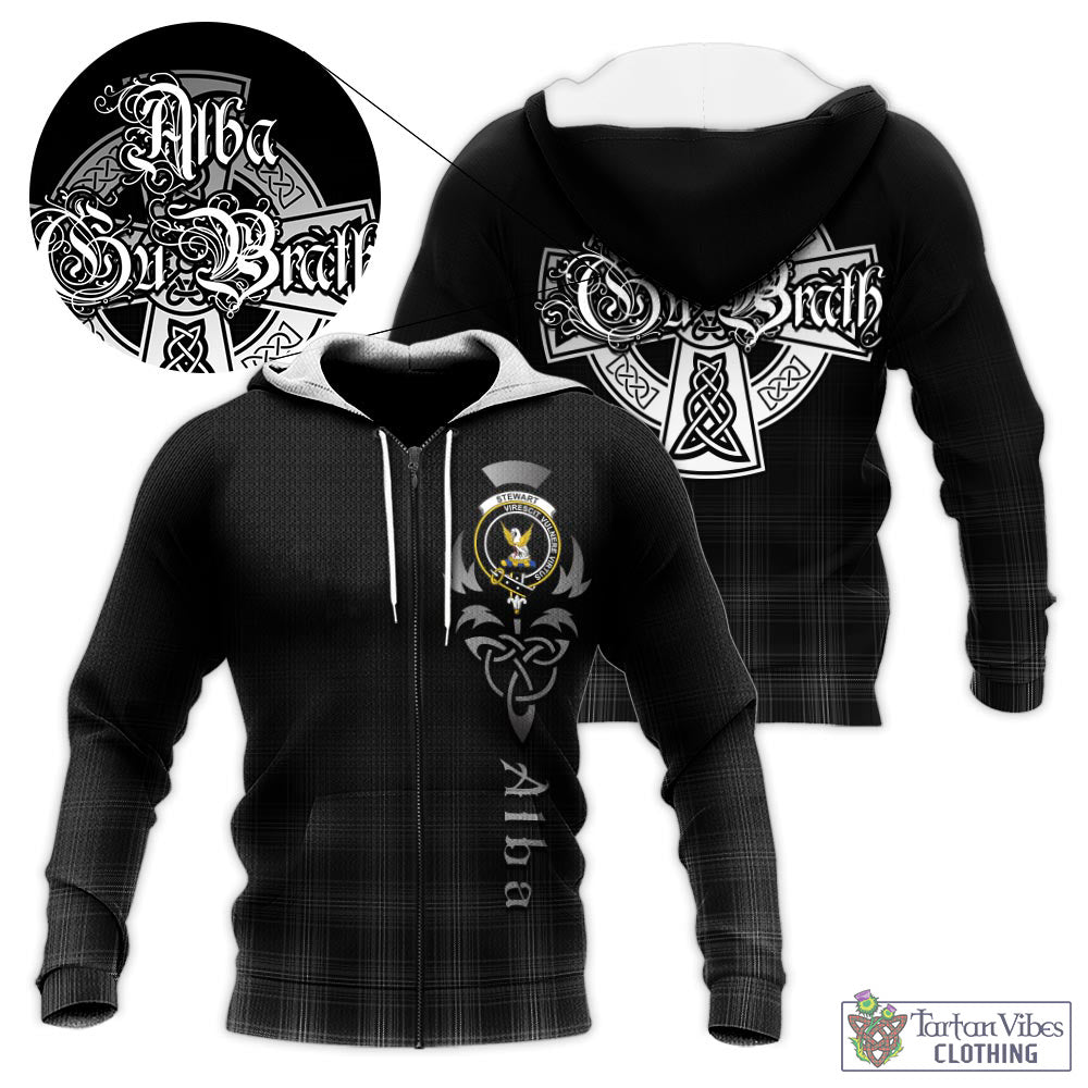 Tartan Vibes Clothing Stewart Mourning Tartan Knitted Hoodie Featuring Alba Gu Brath Family Crest Celtic Inspired