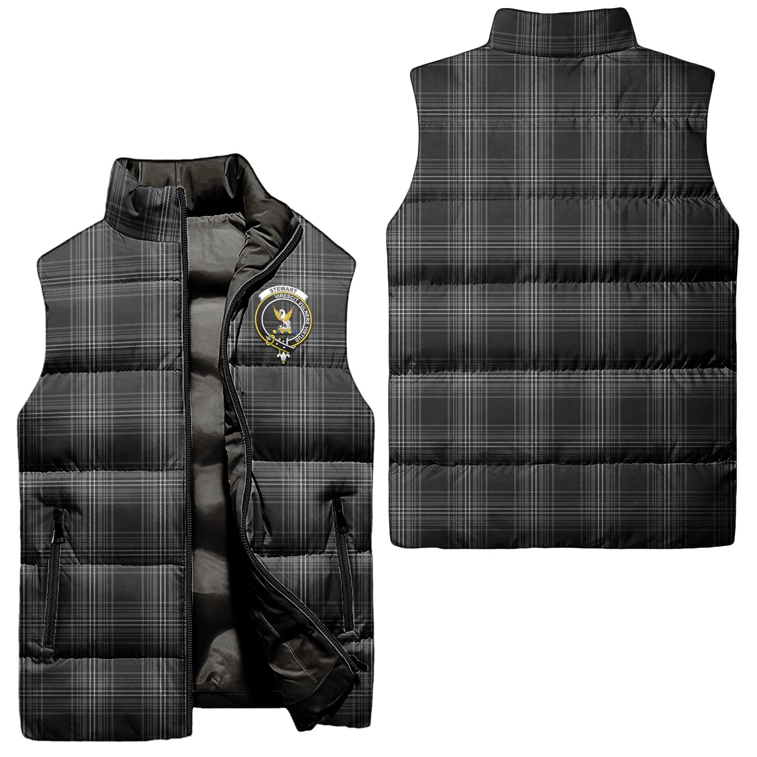 Stewart Mourning Tartan Sleeveless Puffer Jacket with Family Crest Unisex - Tartanvibesclothing