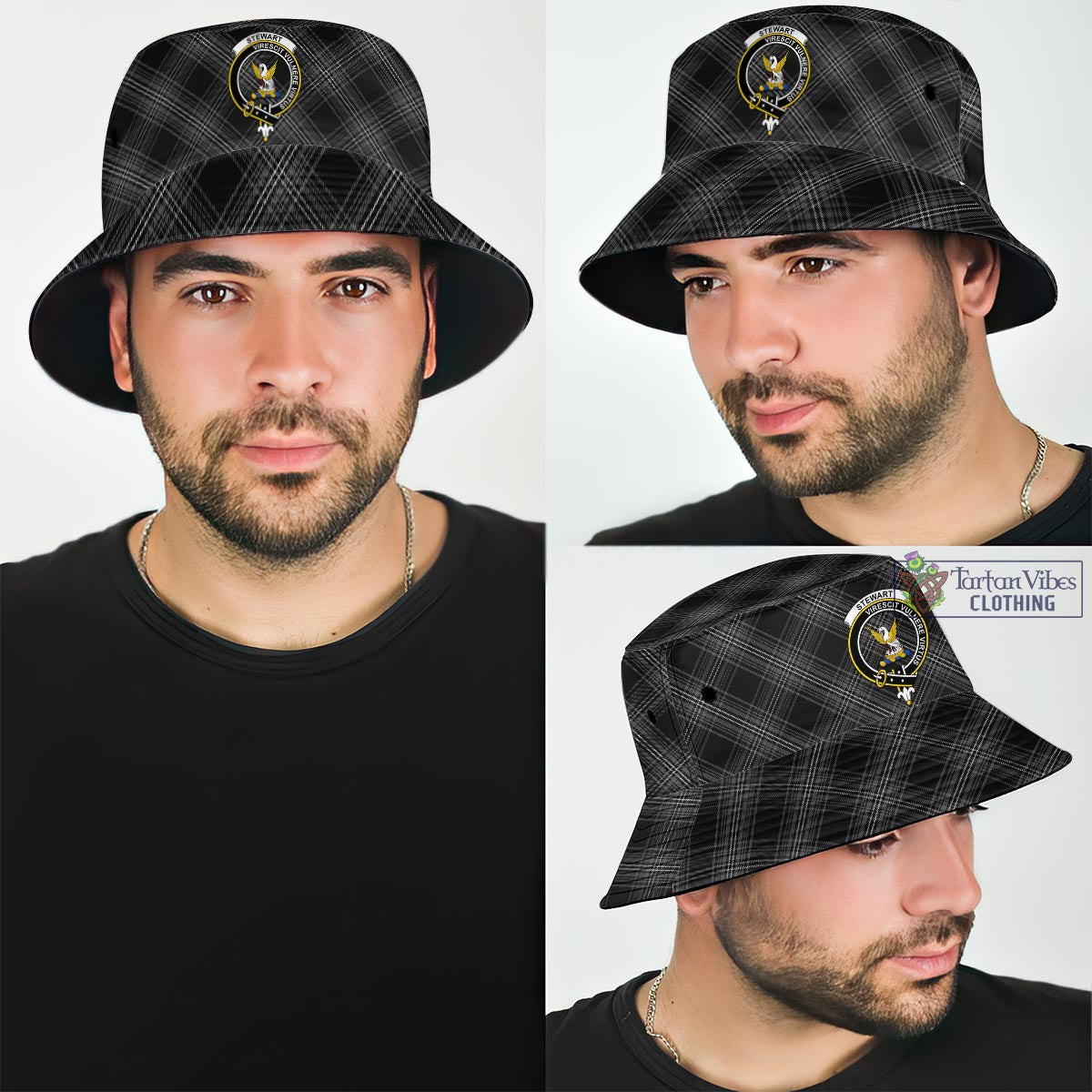 Tartan Vibes Clothing Stewart Mourning Tartan Bucket Hat with Family Crest