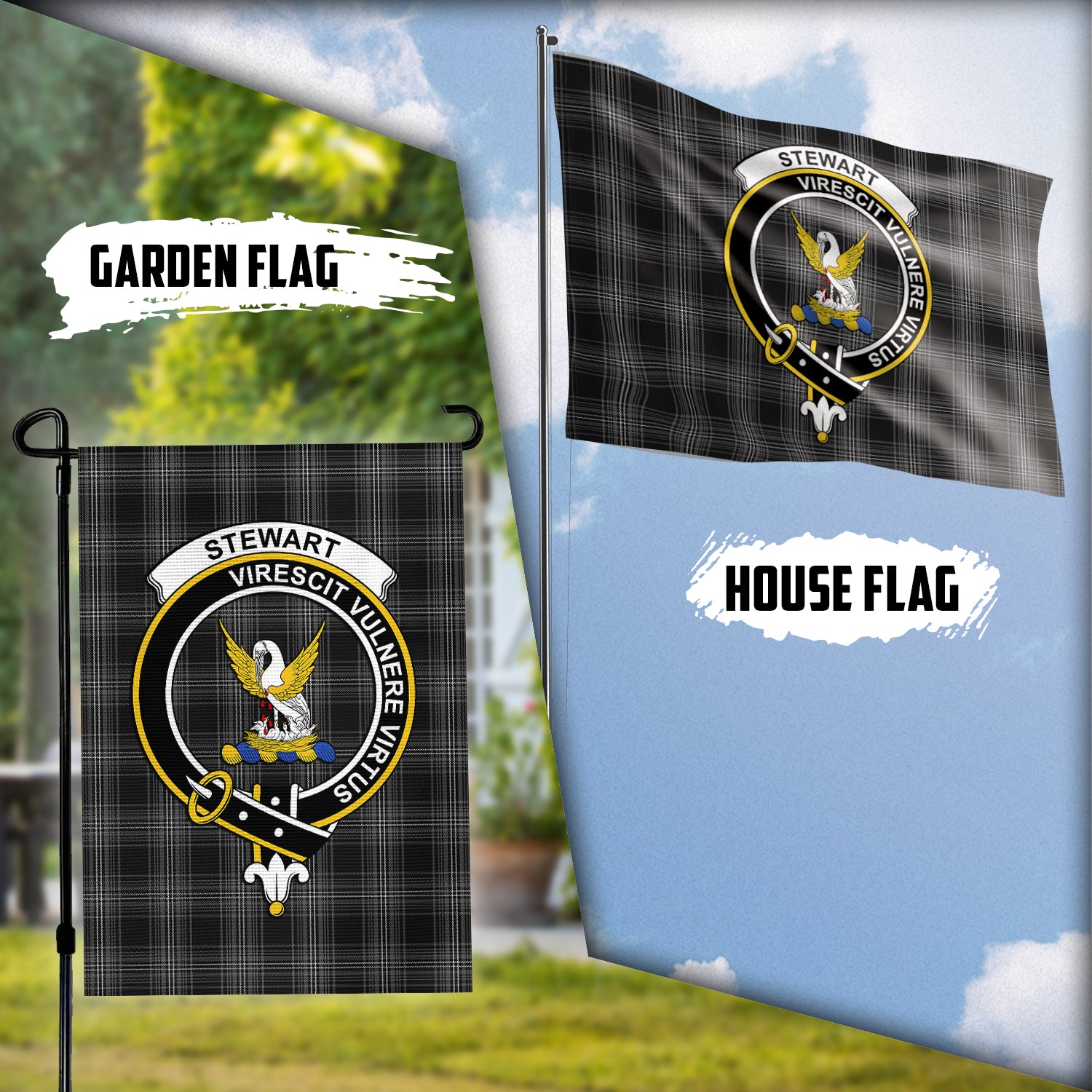 Stewart Mourning Tartan Flag with Family Crest Garden Flag (Vertical) - Tartan Vibes Clothing