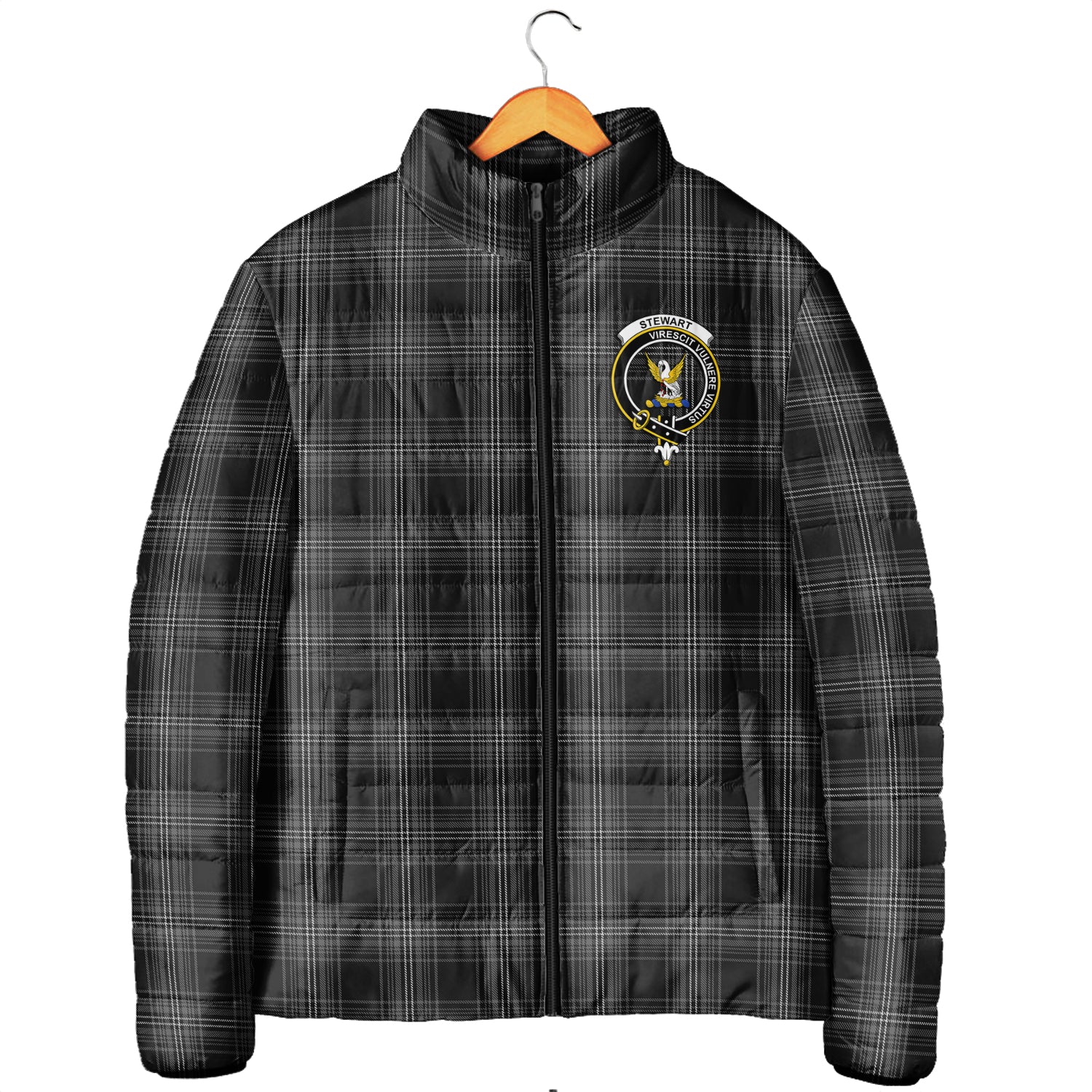 Stewart Mourning Tartan Padded Jacket with Family Crest Men's Padded Jacket - Tartan Vibes Clothing