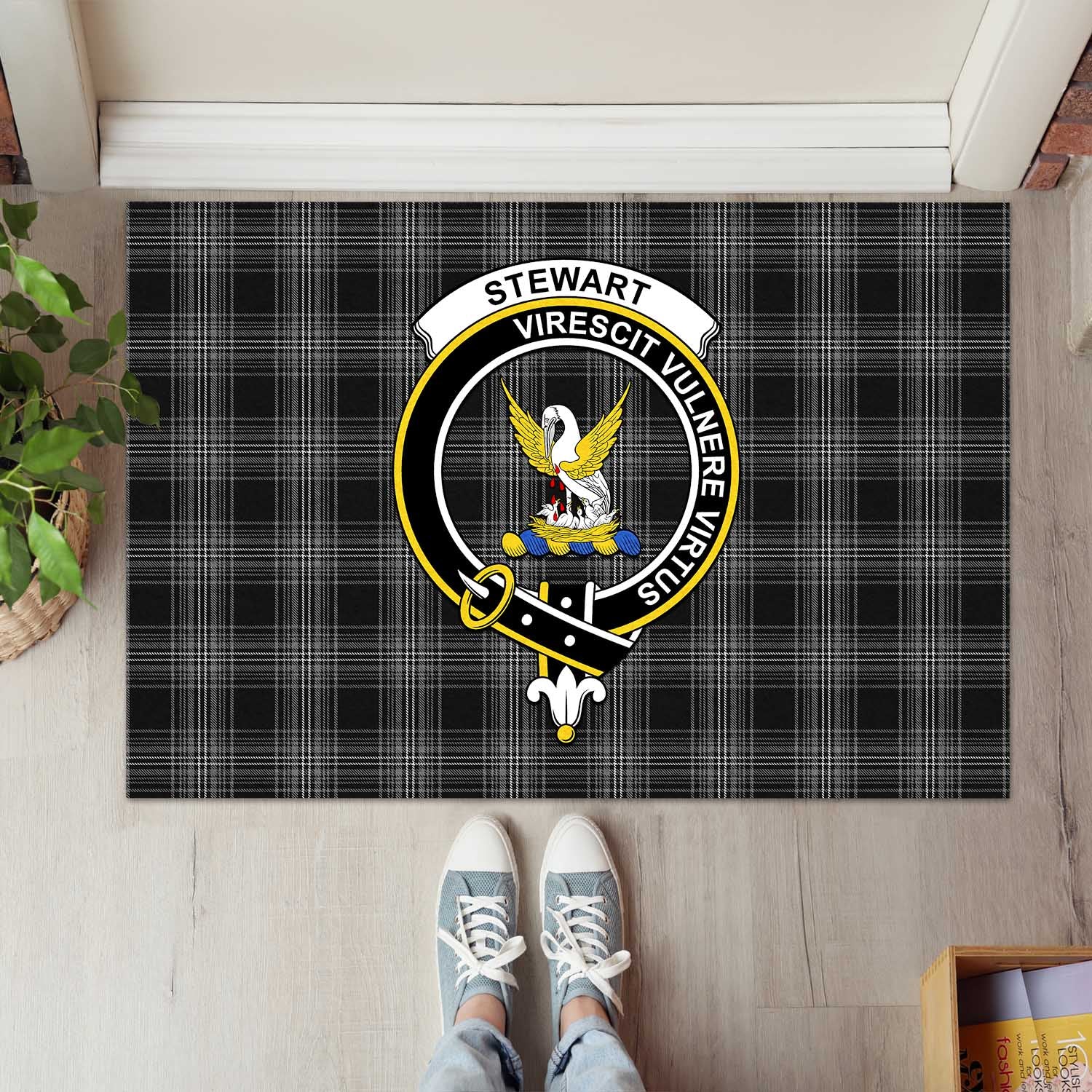 Stewart Mourning Tartan Door Mat with Family Crest - Tartanvibesclothing Shop