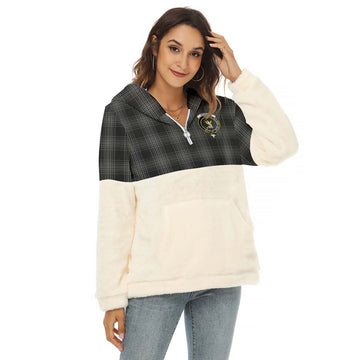 Stewart Mourning Tartan Women's Borg Fleece Hoodie With Half Zip with Family Crest