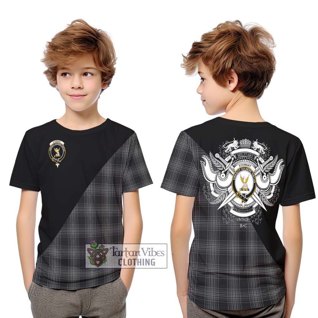 Stewart Mourning Tartan Kid T-Shirt with Family Crest and Military Logo Style Youth XL Size14 - Tartanvibesclothing Shop