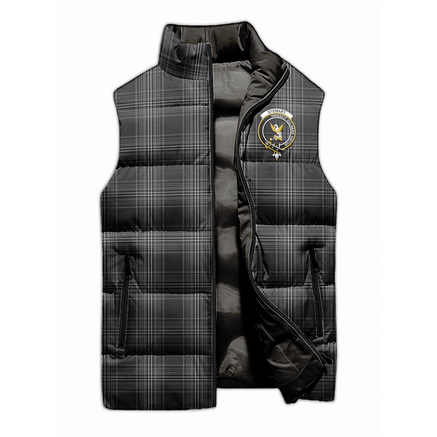 Stewart Mourning Tartan Sleeveless Puffer Jacket with Family Crest - Tartanvibesclothing