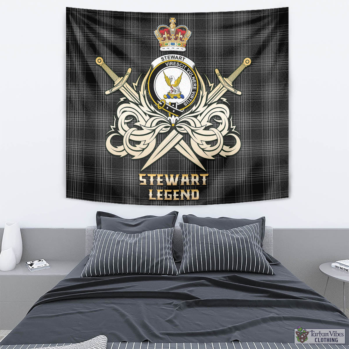 Tartan Vibes Clothing Stewart Mourning Tartan Tapestry with Clan Crest and the Golden Sword of Courageous Legacy