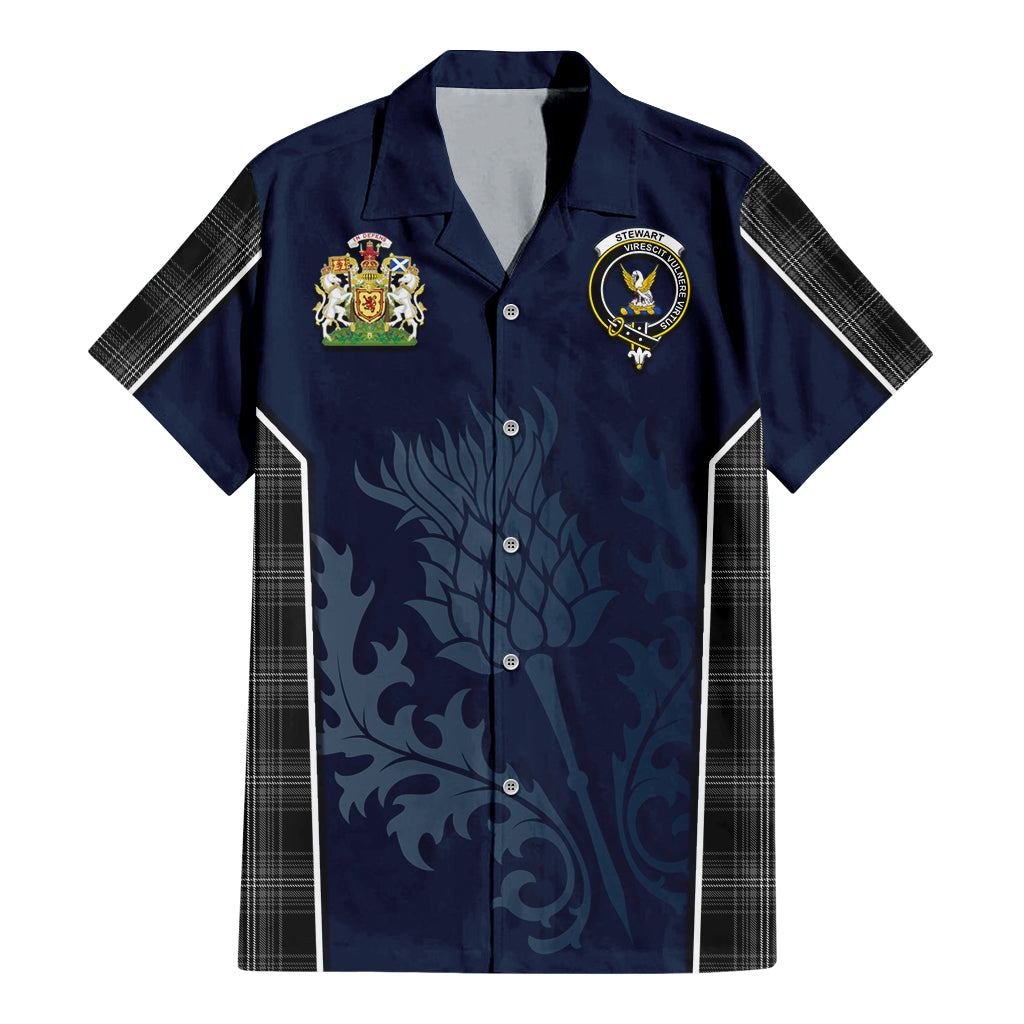 Tartan Vibes Clothing Stewart Mourning Tartan Short Sleeve Button Up Shirt with Family Crest and Scottish Thistle Vibes Sport Style