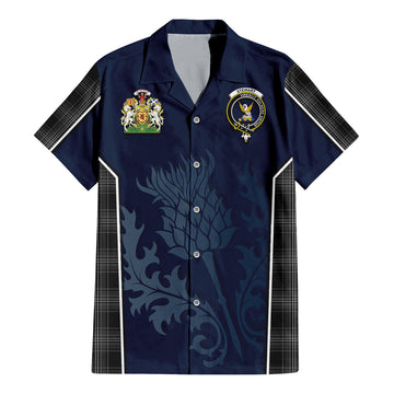 Stewart Mourning Tartan Short Sleeve Button Up Shirt with Family Crest and Scottish Thistle Vibes Sport Style