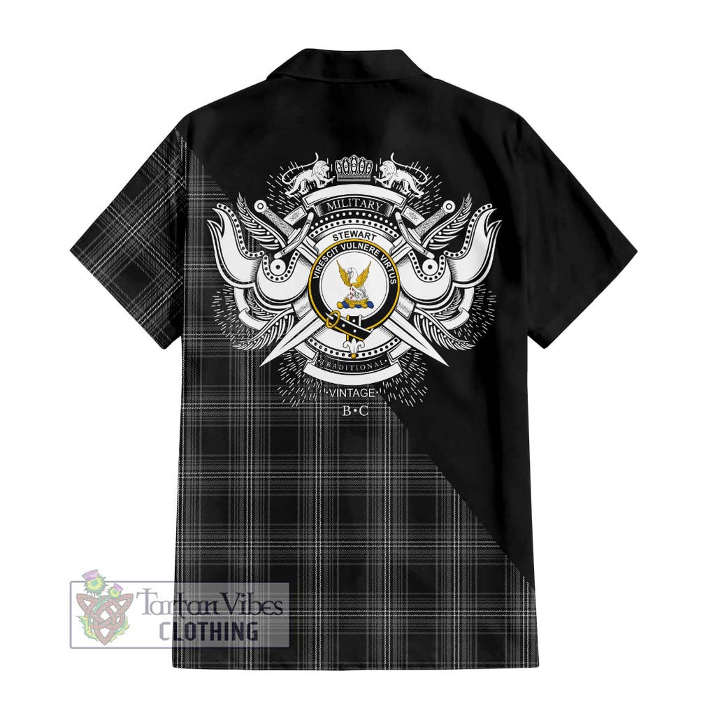 Stewart Mourning Tartan Short Sleeve Button Shirt with Family Crest and Military Logo Style - Tartanvibesclothing Shop