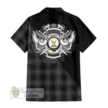 Stewart Mourning Tartan Short Sleeve Button Shirt with Family Crest and Military Logo Style