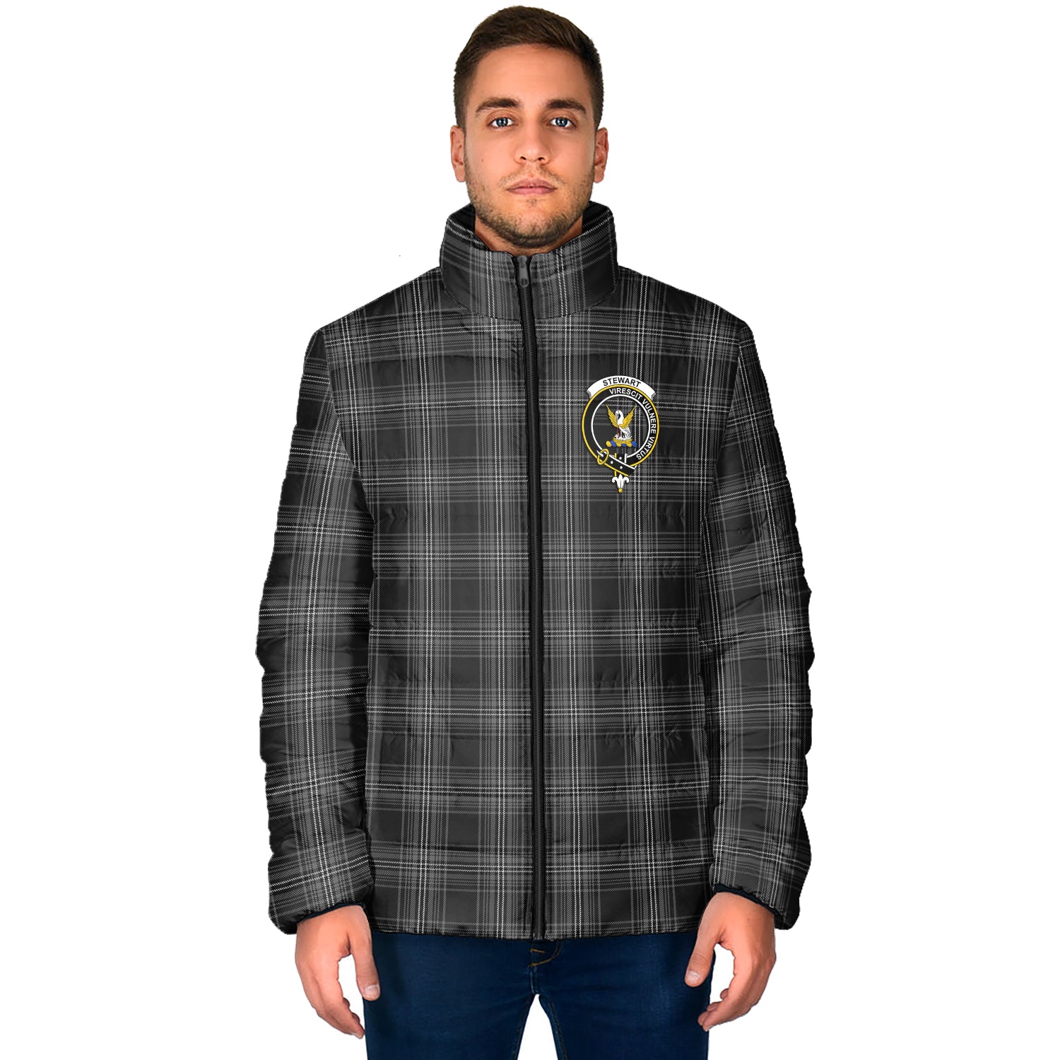 Stewart Mourning Tartan Padded Jacket with Family Crest - Tartan Vibes Clothing