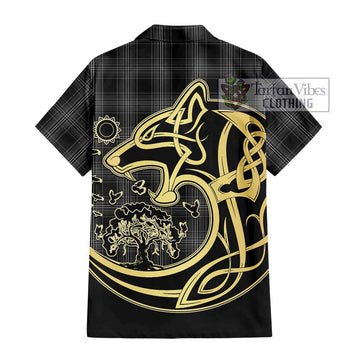 Stewart Mourning Tartan Short Sleeve Button Shirt with Family Crest Celtic Wolf Style