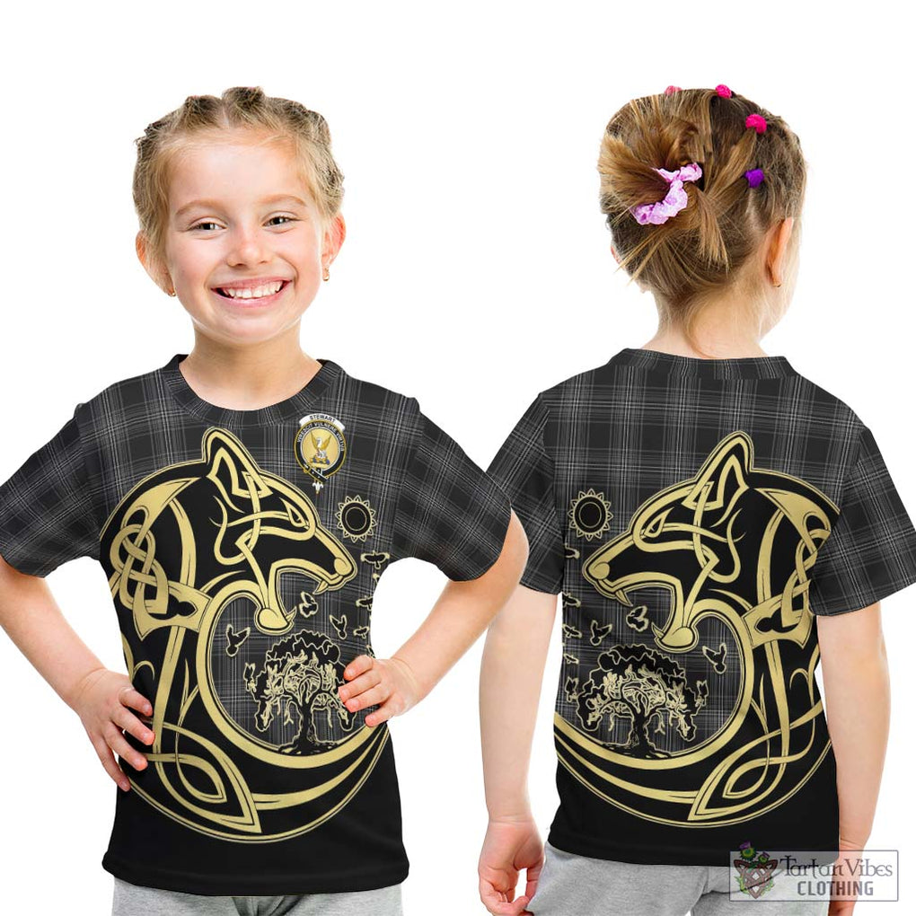 Stewart Mourning Tartan Kid T-Shirt with Family Crest Celtic Wolf Style - Tartan Vibes Clothing