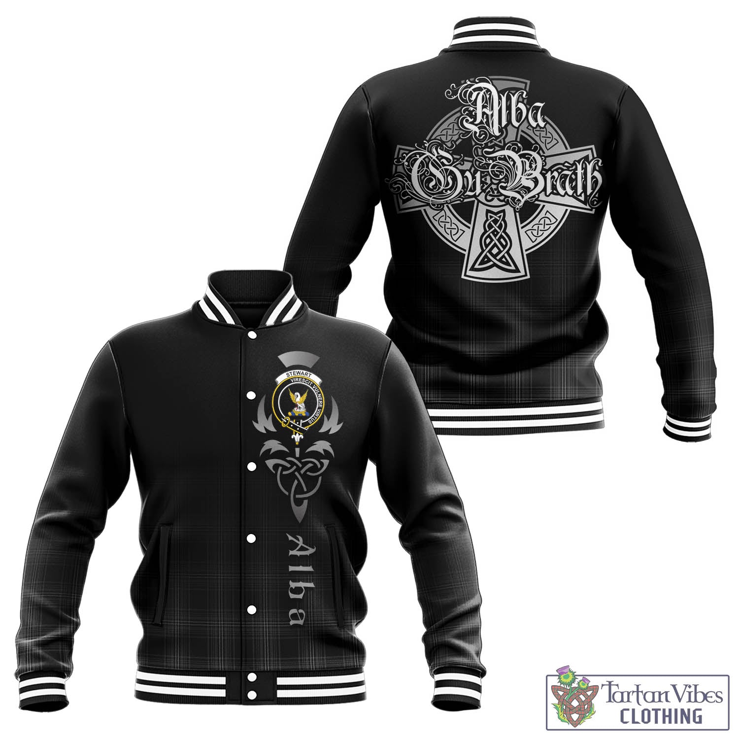 Tartan Vibes Clothing Stewart Mourning Tartan Baseball Jacket Featuring Alba Gu Brath Family Crest Celtic Inspired