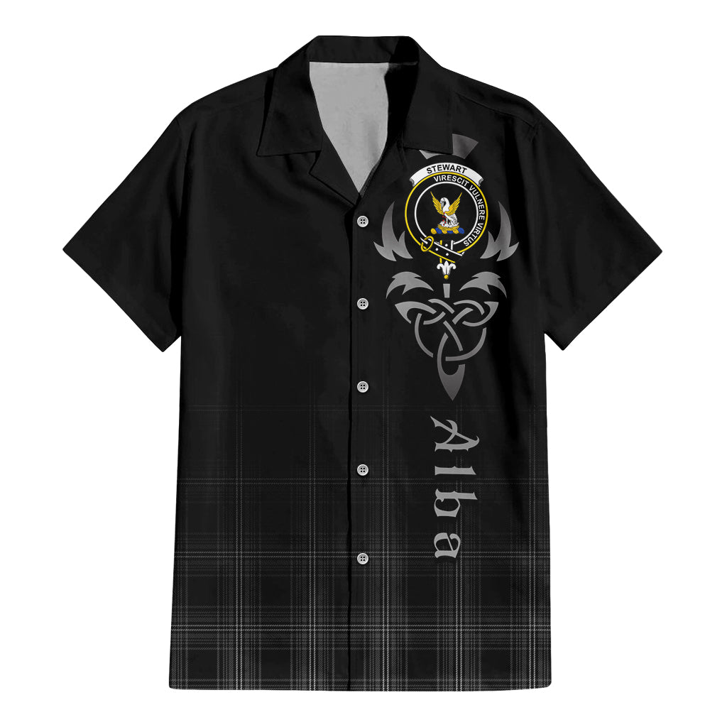 Tartan Vibes Clothing Stewart Mourning Tartan Short Sleeve Button Up Featuring Alba Gu Brath Family Crest Celtic Inspired