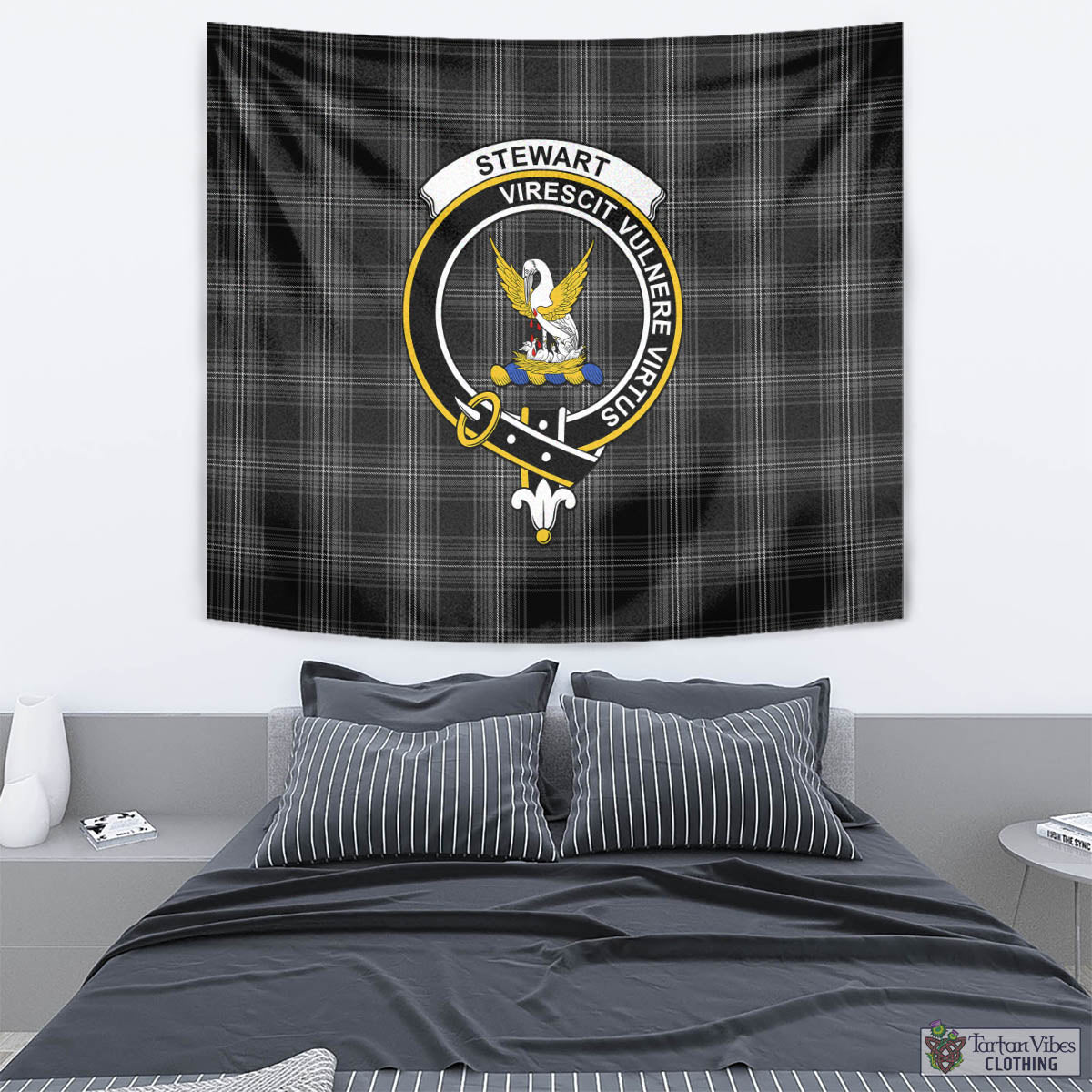 Tartan Vibes Clothing Stewart Mourning Tartan Tapestry Wall Hanging and Home Decor for Room with Family Crest