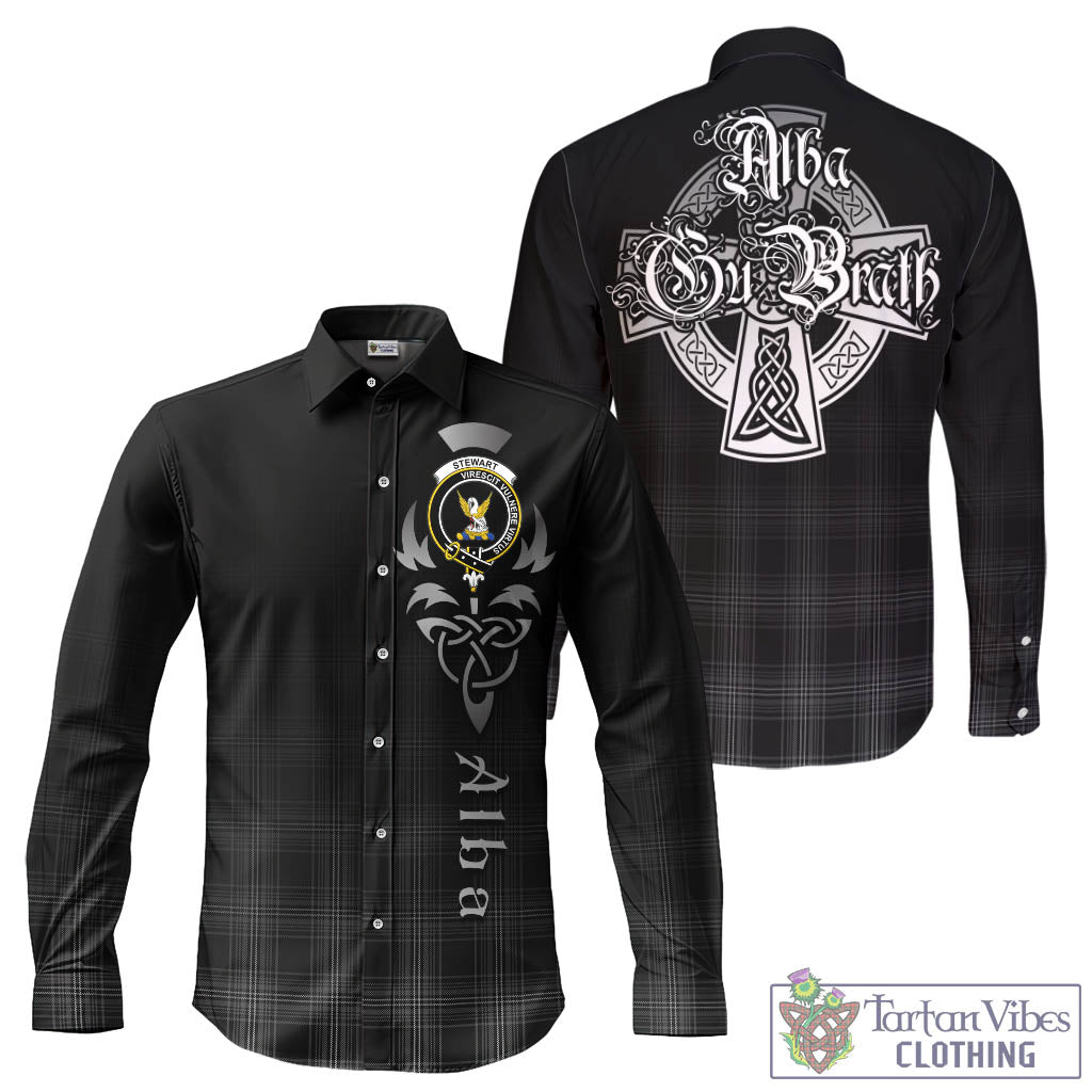 Tartan Vibes Clothing Stewart Mourning Tartan Long Sleeve Button Up Featuring Alba Gu Brath Family Crest Celtic Inspired