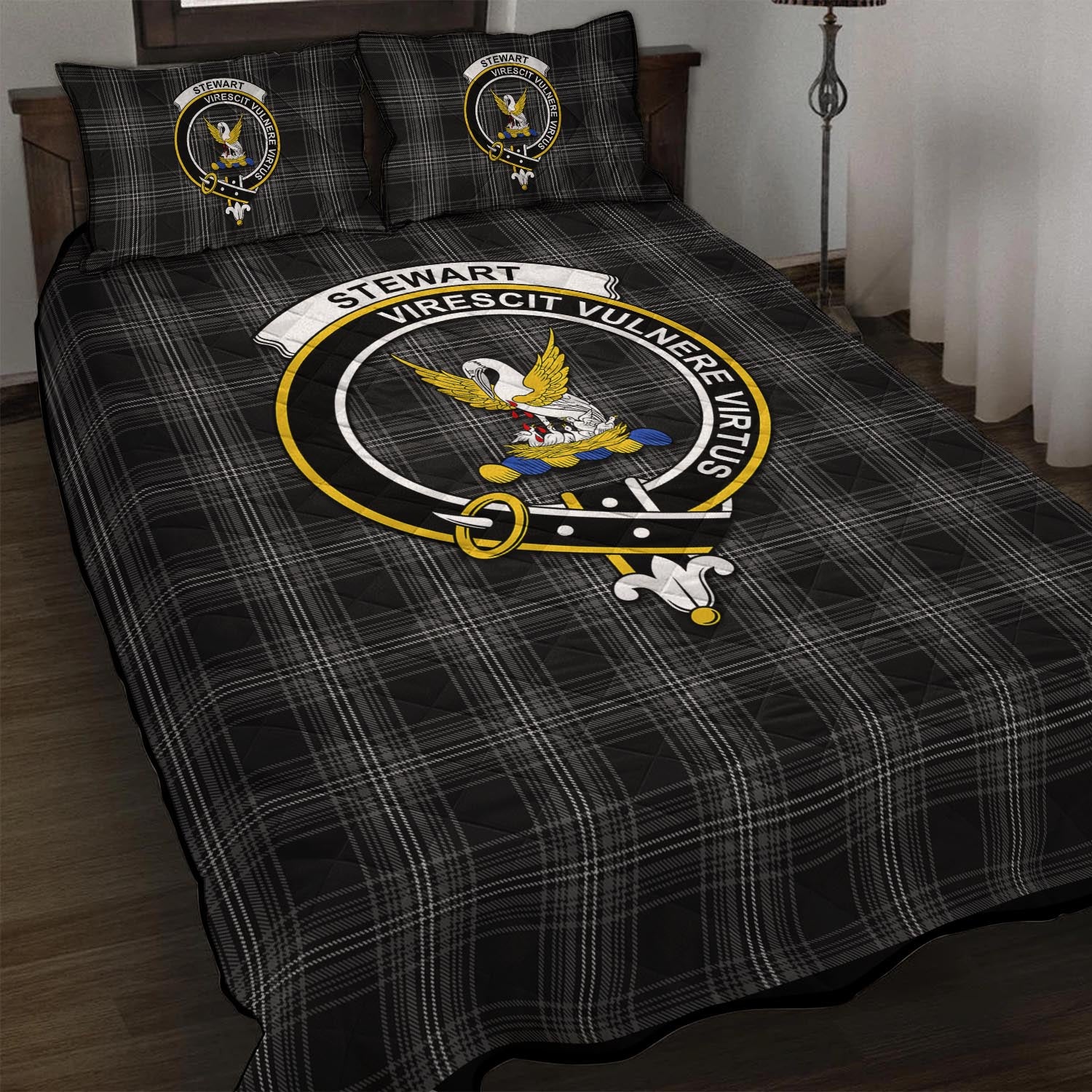 Stewart Mourning Tartan Quilt Bed Set with Family Crest - Tartan Vibes Clothing