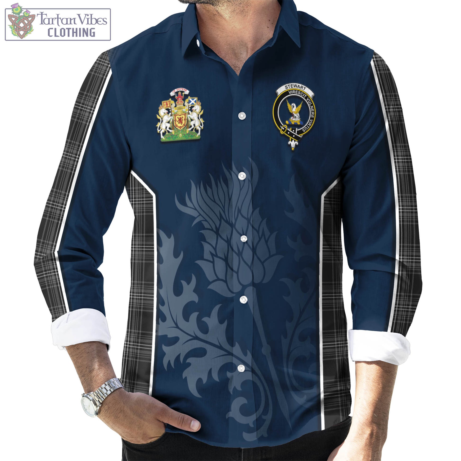 Tartan Vibes Clothing Stewart Mourning Tartan Long Sleeve Button Up Shirt with Family Crest and Scottish Thistle Vibes Sport Style