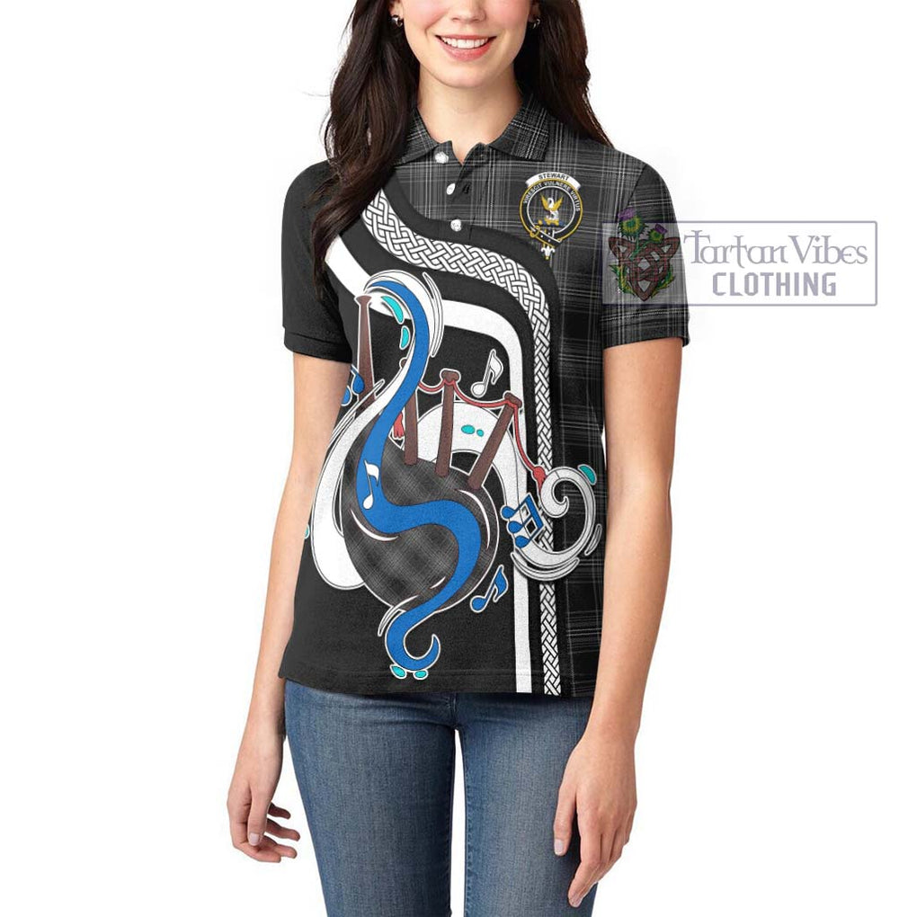 Stewart Mourning Tartan Women's Polo Shirt with Epic Bagpipe Style - Tartanvibesclothing Shop