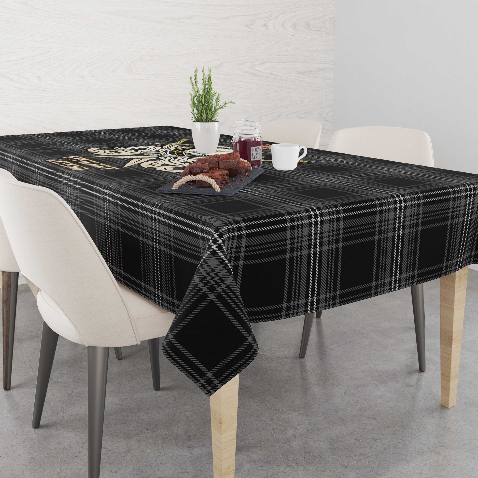 Tartan Vibes Clothing Stewart Mourning Tartan Tablecloth with Clan Crest and the Golden Sword of Courageous Legacy