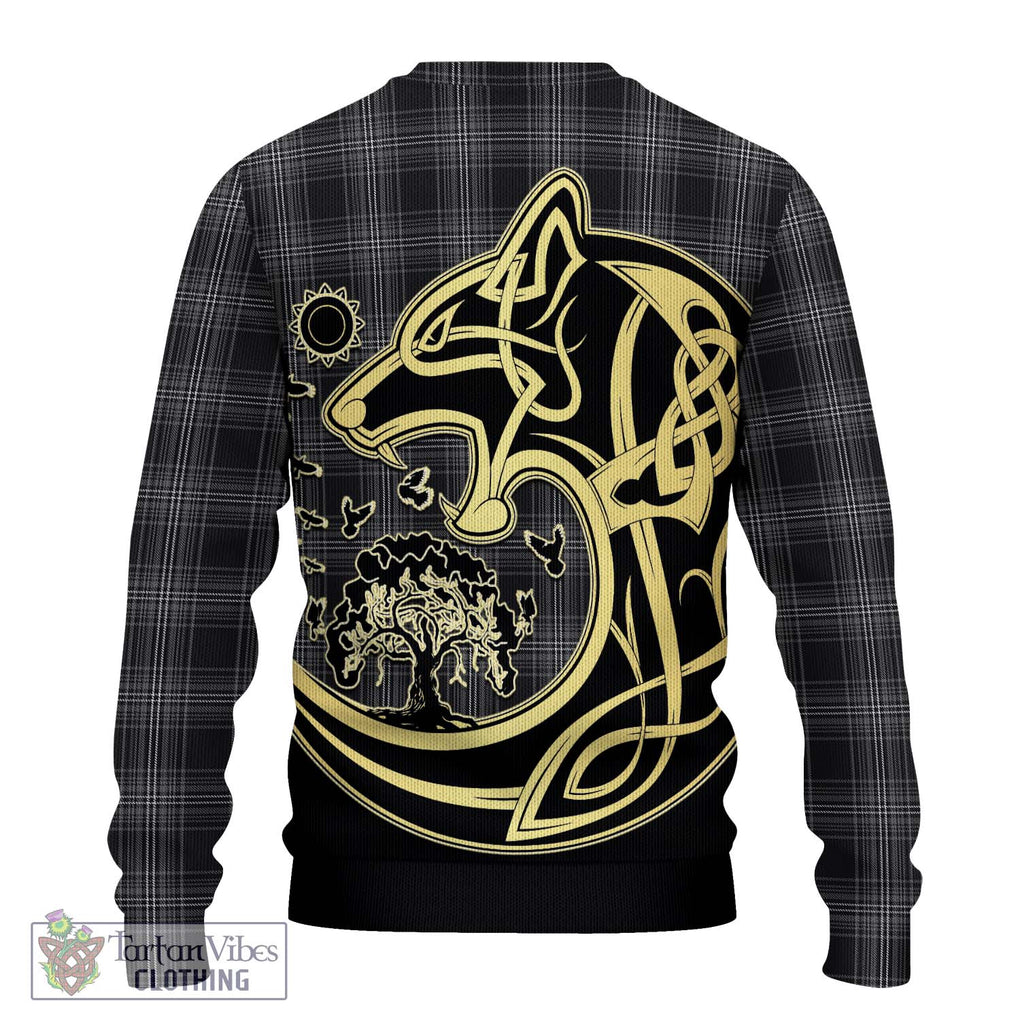 Stewart Mourning Tartan Knitted Sweater with Family Crest Celtic Wolf Style - Tartan Vibes Clothing