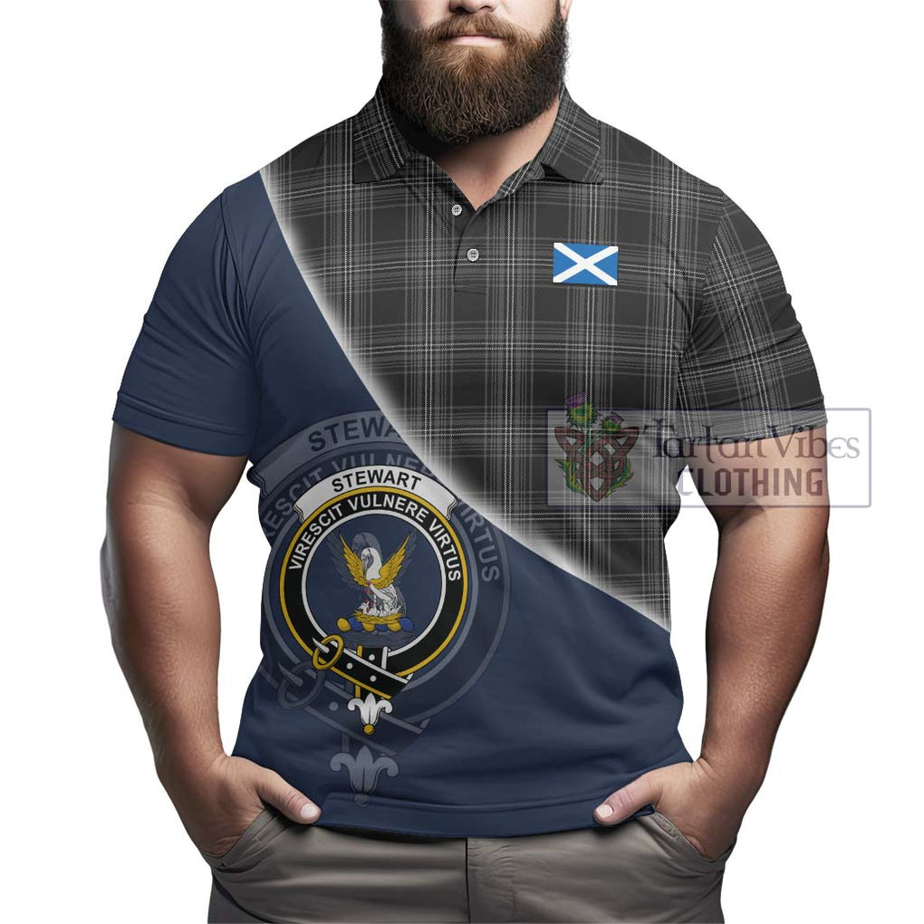 Stewart Mourning Tartan Polo Shirt with Personalised National Flag and Family Crest Half Style - Tartanvibesclothing Shop