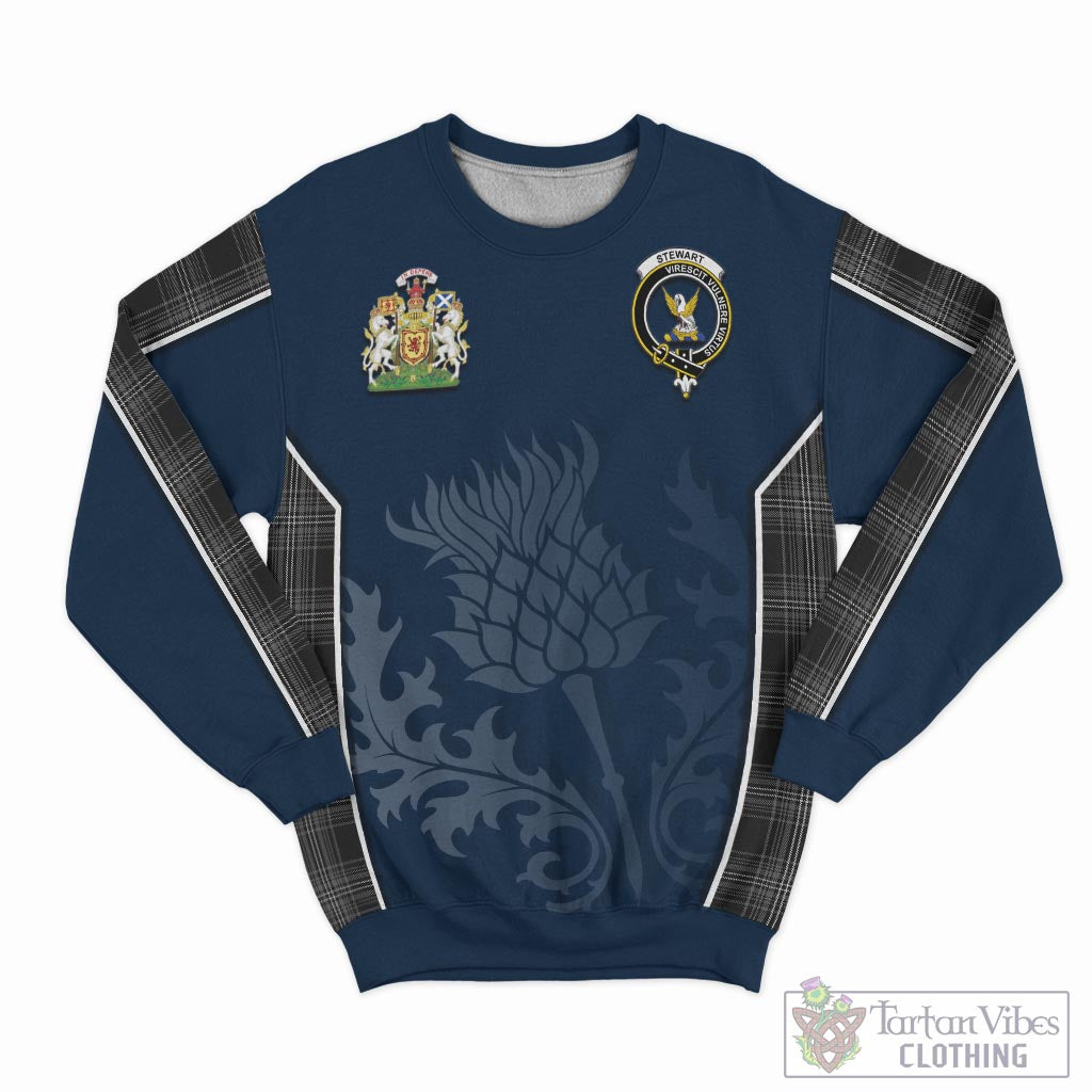 Tartan Vibes Clothing Stewart Mourning Tartan Sweatshirt with Family Crest and Scottish Thistle Vibes Sport Style