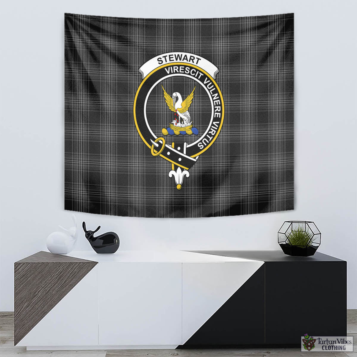 Tartan Vibes Clothing Stewart Mourning Tartan Tapestry Wall Hanging and Home Decor for Room with Family Crest