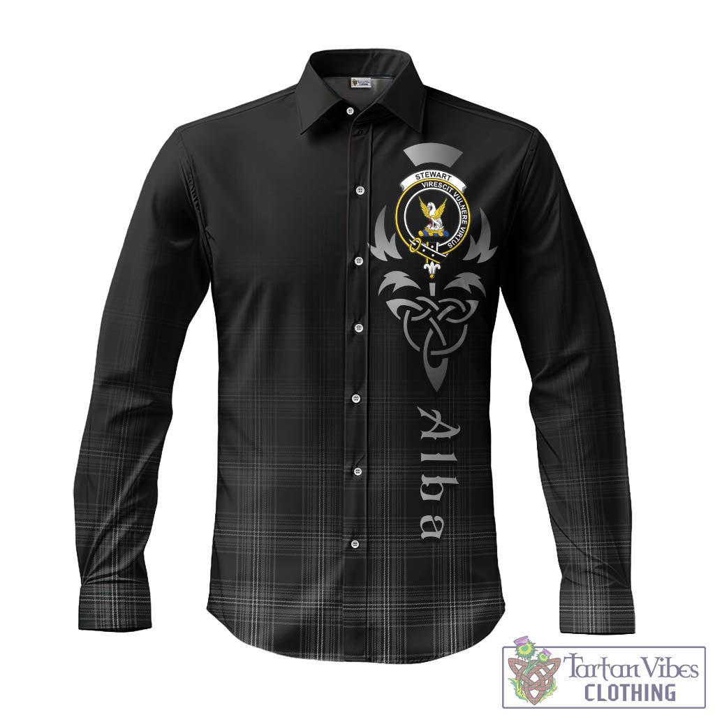 Tartan Vibes Clothing Stewart Mourning Tartan Long Sleeve Button Up Featuring Alba Gu Brath Family Crest Celtic Inspired