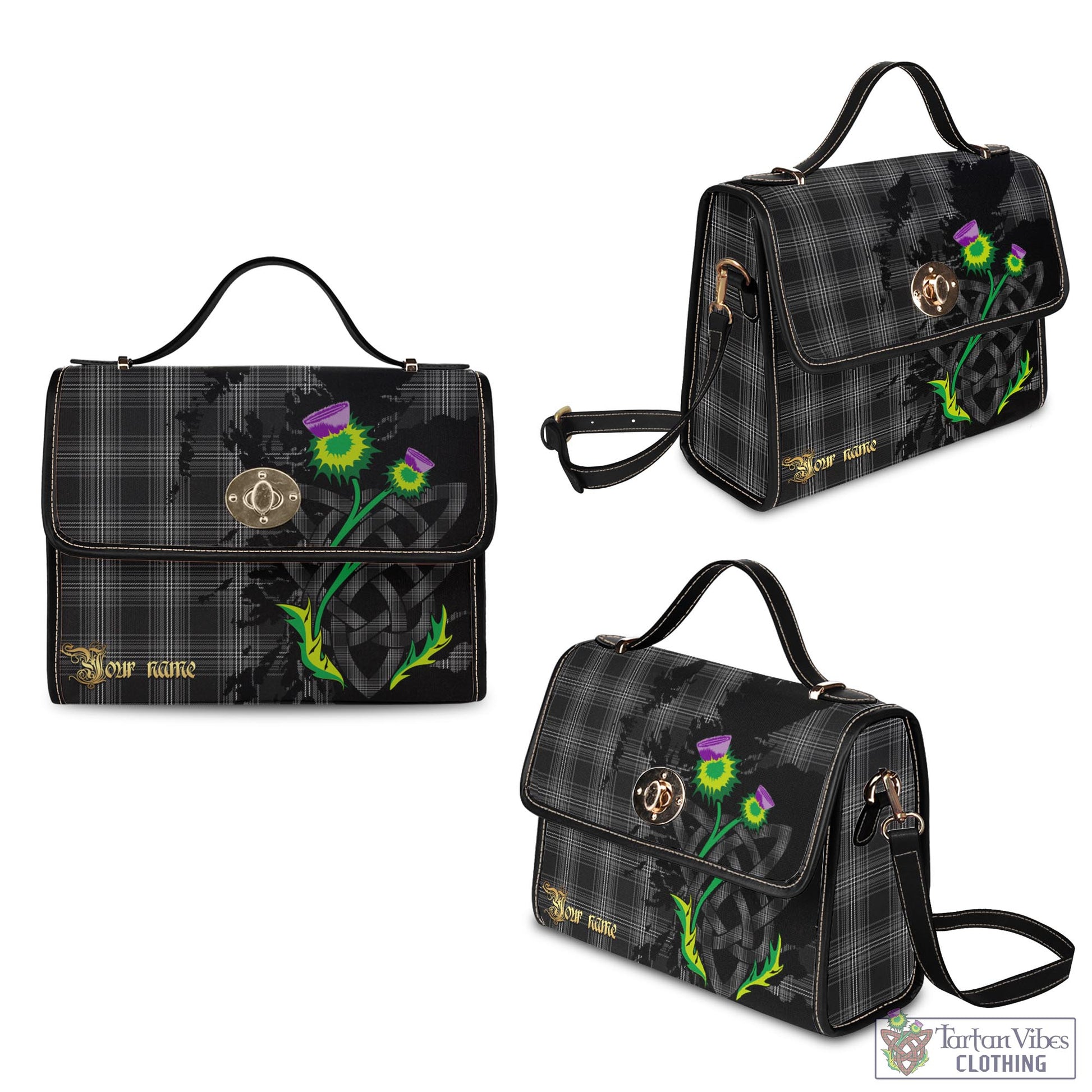 Tartan Vibes Clothing Stewart Mourning Tartan Waterproof Canvas Bag with Scotland Map and Thistle Celtic Accents