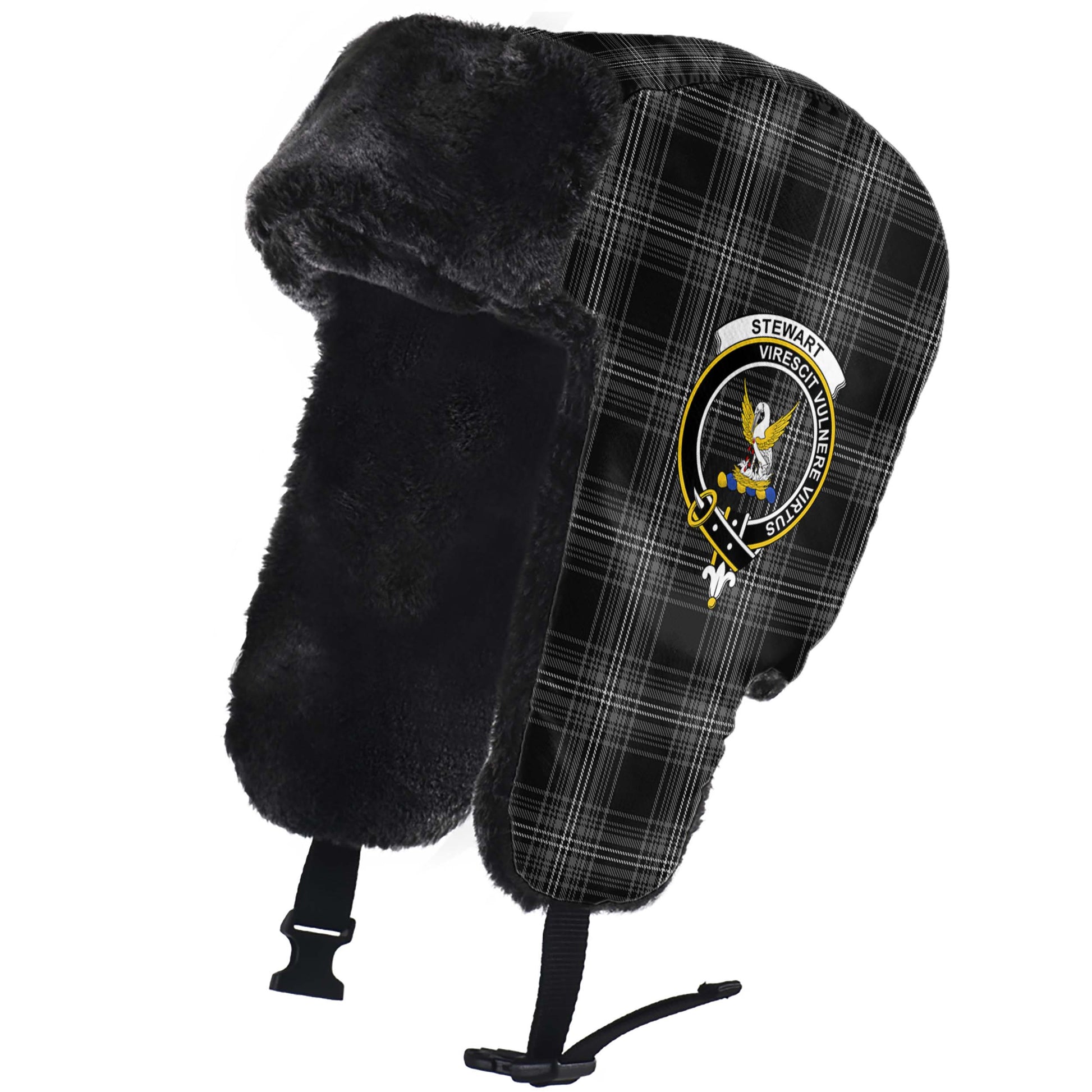 Stewart Mourning Tartan Winter Trapper Hat with Family Crest - Tartanvibesclothing