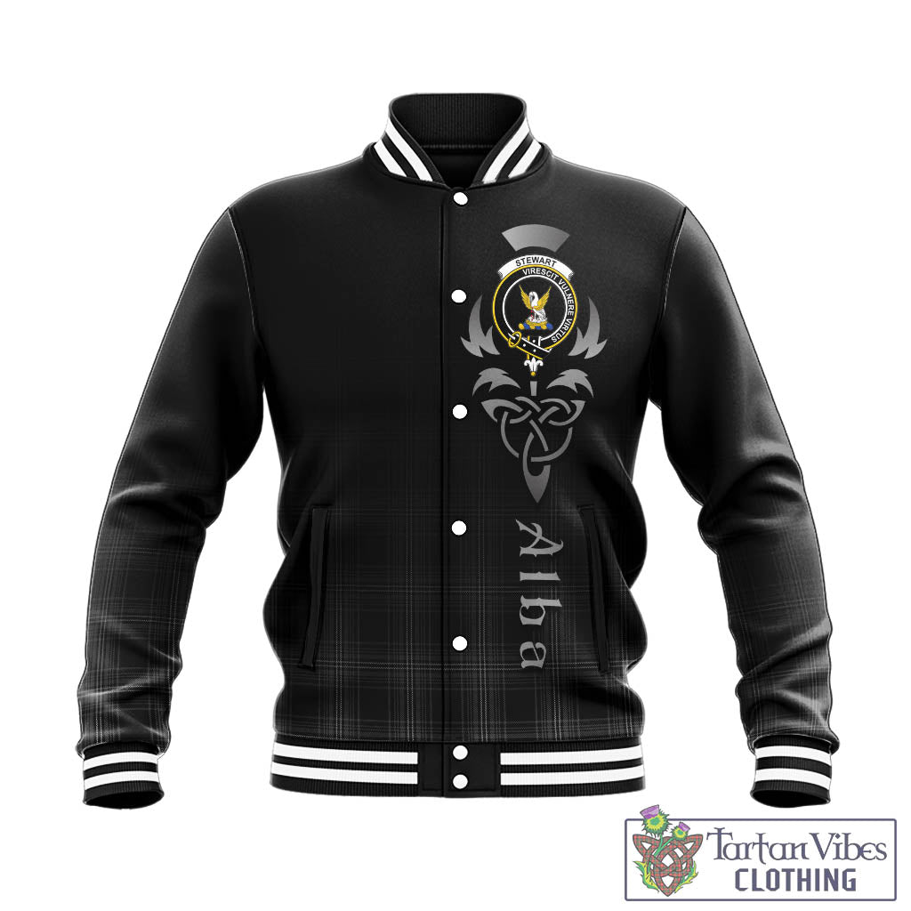 Tartan Vibes Clothing Stewart Mourning Tartan Baseball Jacket Featuring Alba Gu Brath Family Crest Celtic Inspired