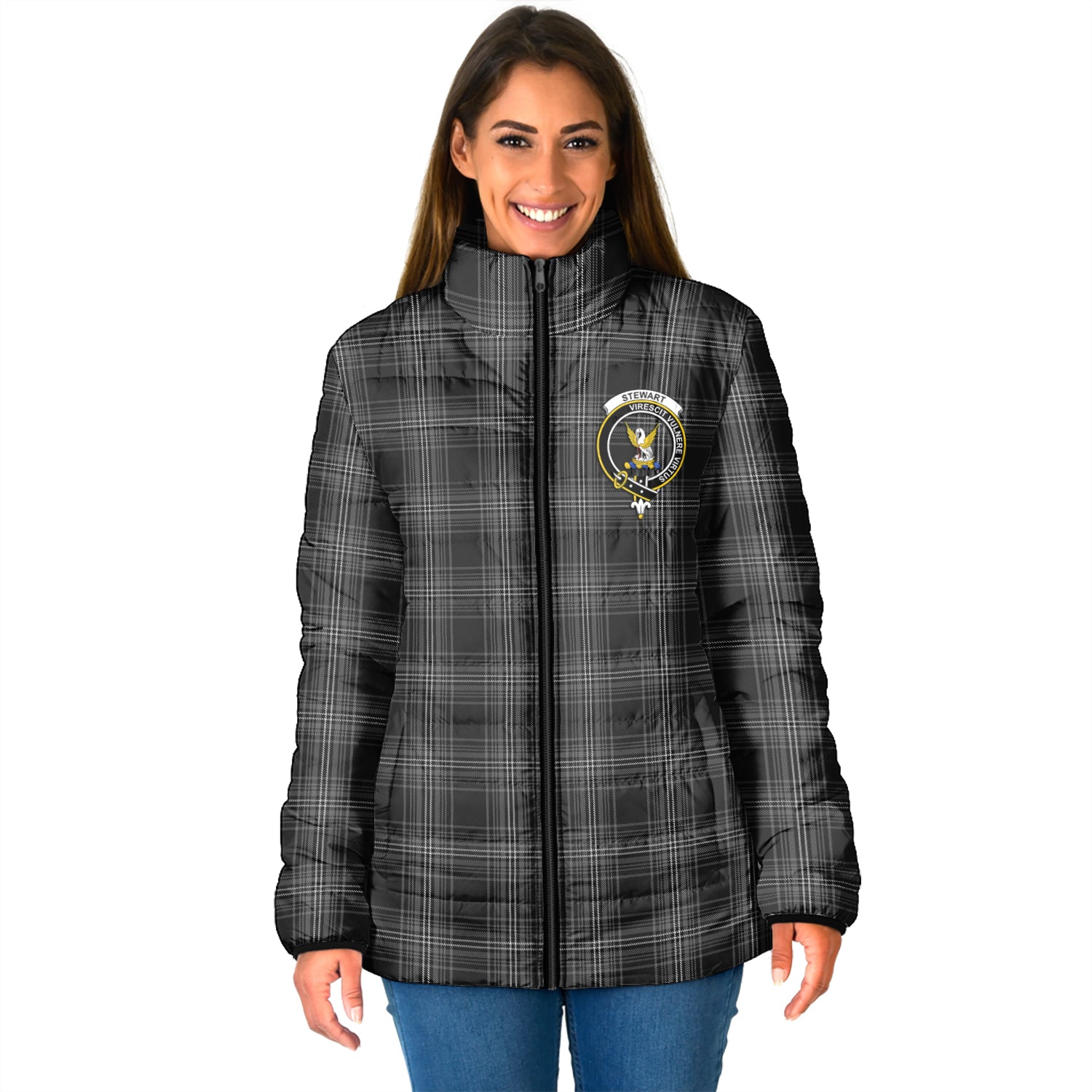 Stewart Mourning Tartan Padded Jacket with Family Crest - Tartan Vibes Clothing