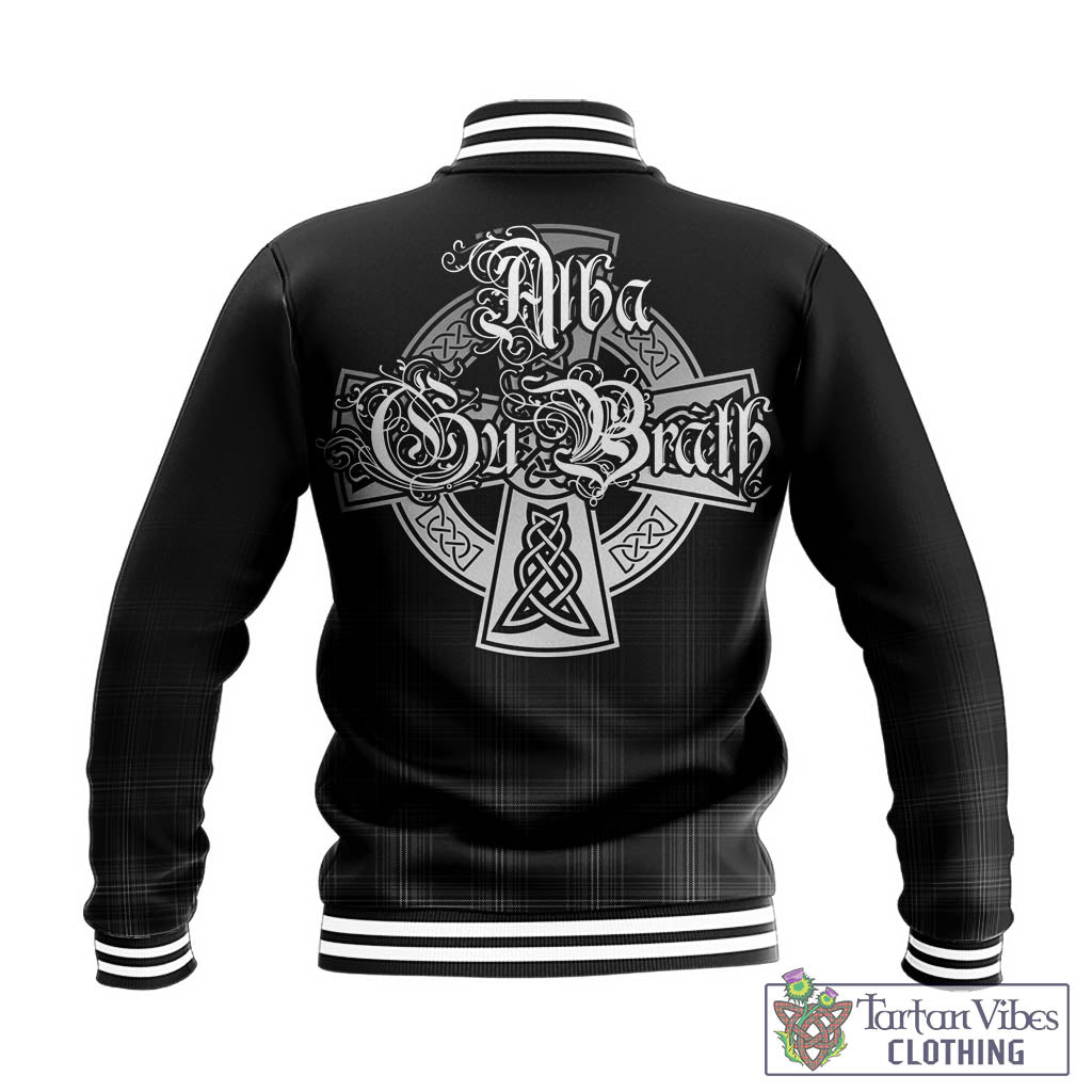 Tartan Vibes Clothing Stewart Mourning Tartan Baseball Jacket Featuring Alba Gu Brath Family Crest Celtic Inspired