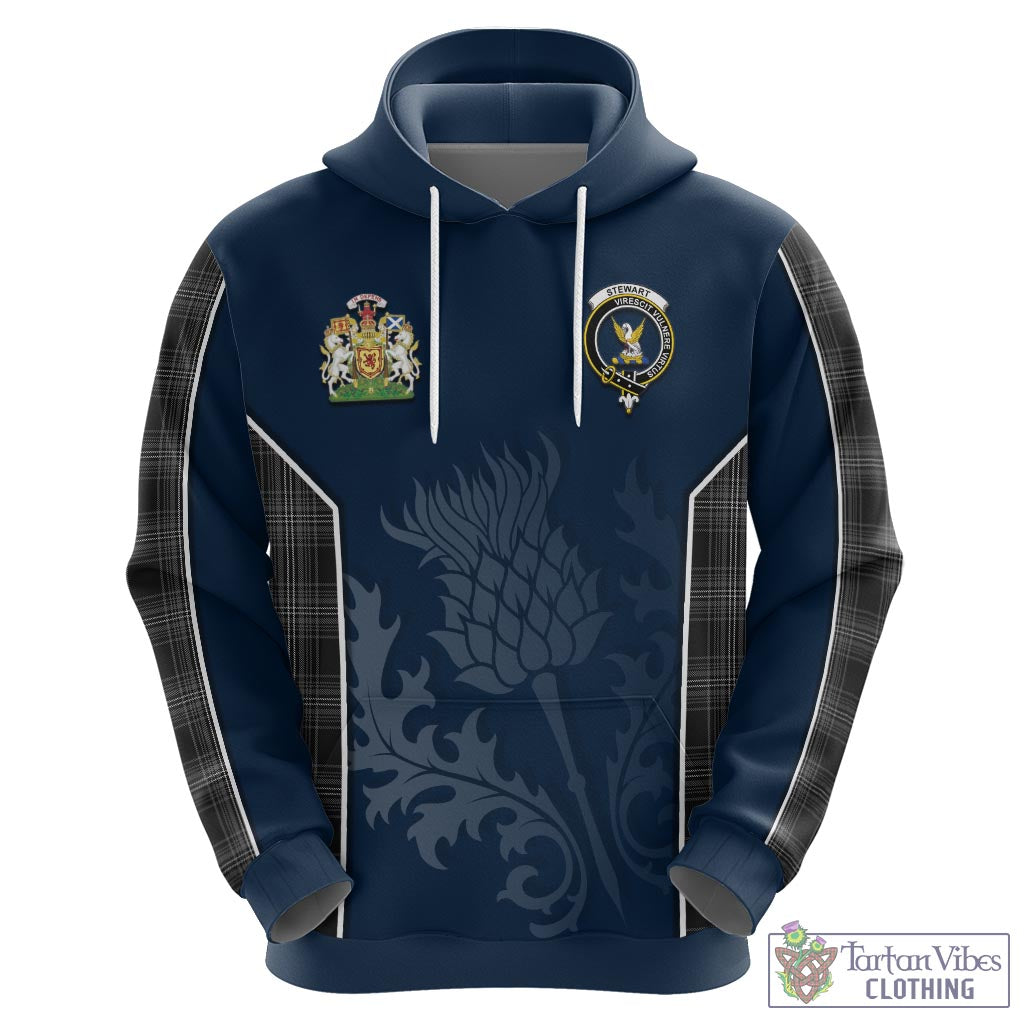 Tartan Vibes Clothing Stewart Mourning Tartan Hoodie with Family Crest and Scottish Thistle Vibes Sport Style