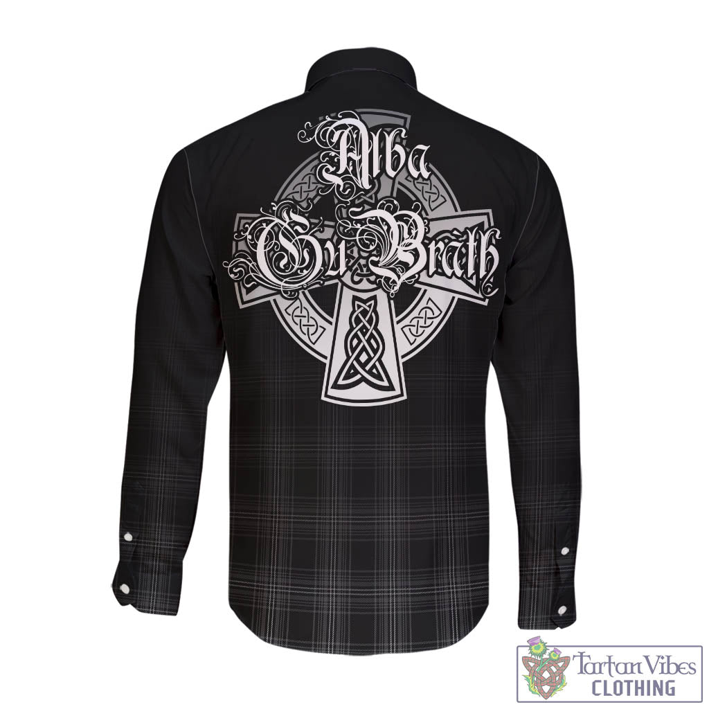 Tartan Vibes Clothing Stewart Mourning Tartan Long Sleeve Button Up Featuring Alba Gu Brath Family Crest Celtic Inspired