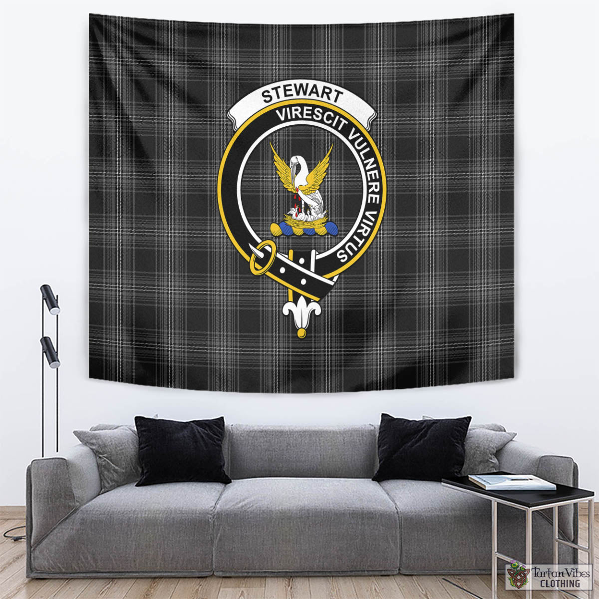 Tartan Vibes Clothing Stewart Mourning Tartan Tapestry Wall Hanging and Home Decor for Room with Family Crest