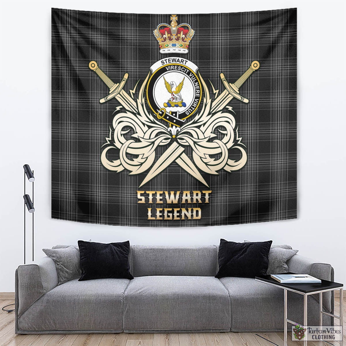 Tartan Vibes Clothing Stewart Mourning Tartan Tapestry with Clan Crest and the Golden Sword of Courageous Legacy